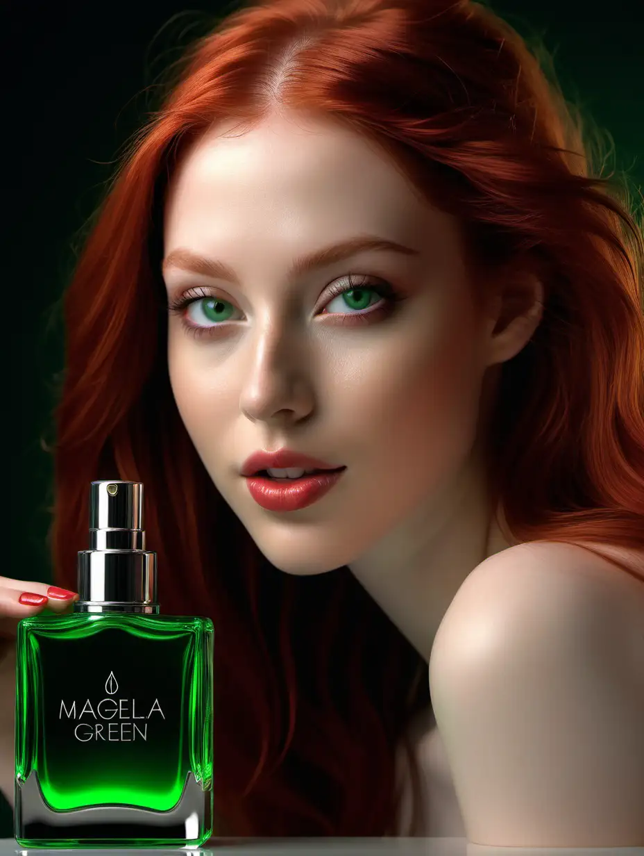Create a hyperrealistic photography of magella green, 25-year-old model, long red hair, green eyes, perfect face, perfect lips, perfect teeth. She is featuring a magella green luxury perfume bottle. High definition 8k image, octane render.