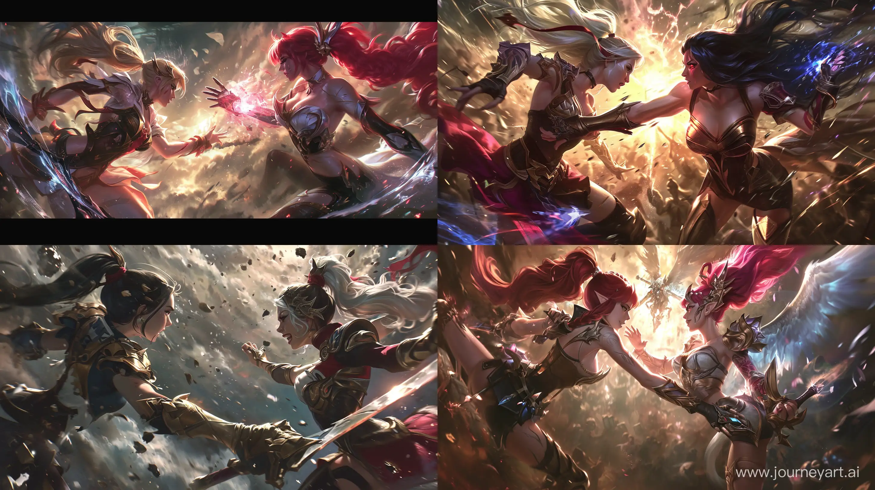 spalsh art, the batter between two female character, epic, best quality. league of legends splash art, dynamic shot, dutch angle, nice color, ultra detailed, anime characters, beautiful, slightly special effect --v 6 --q 2 --ar 16:9