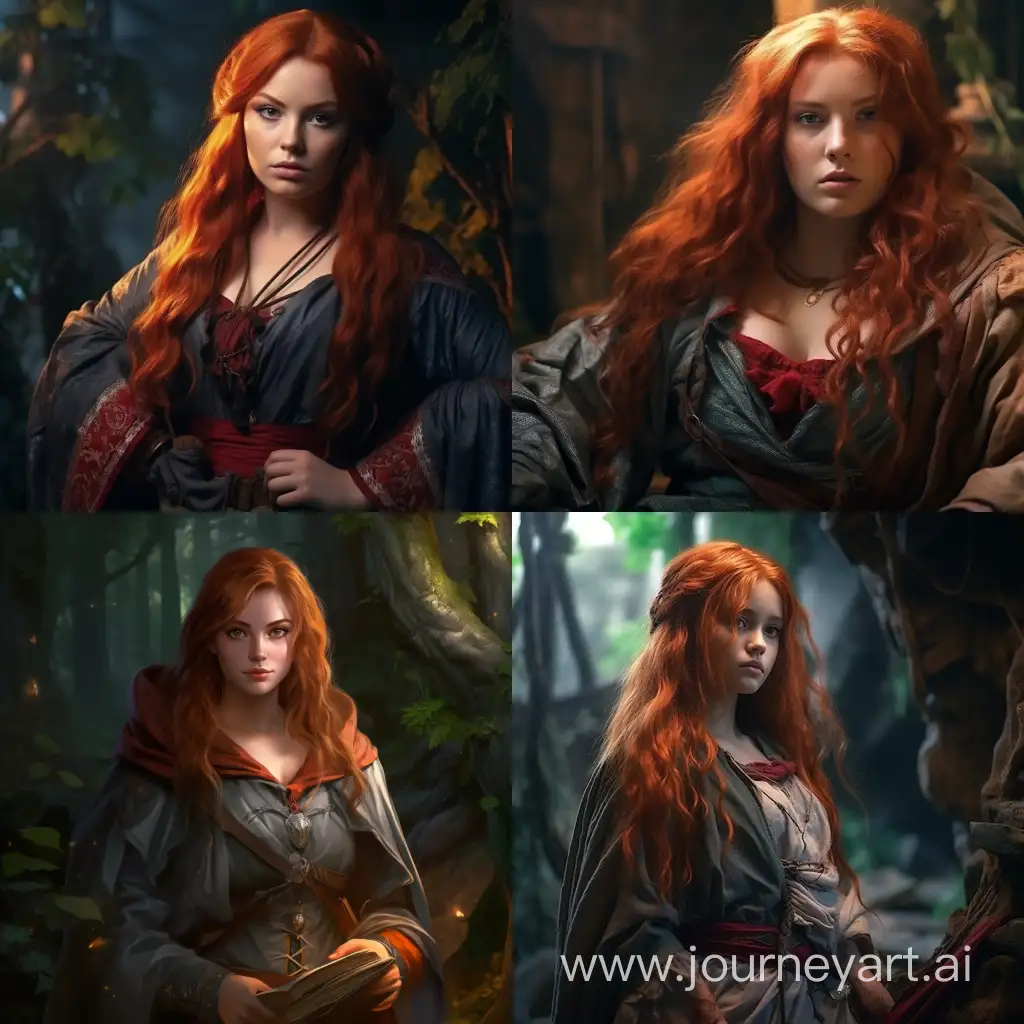 medium shot half-elf chubby sorcerer girl with red hair and freckles in  sorcerer robe in magic forest in dungeon and dragons style