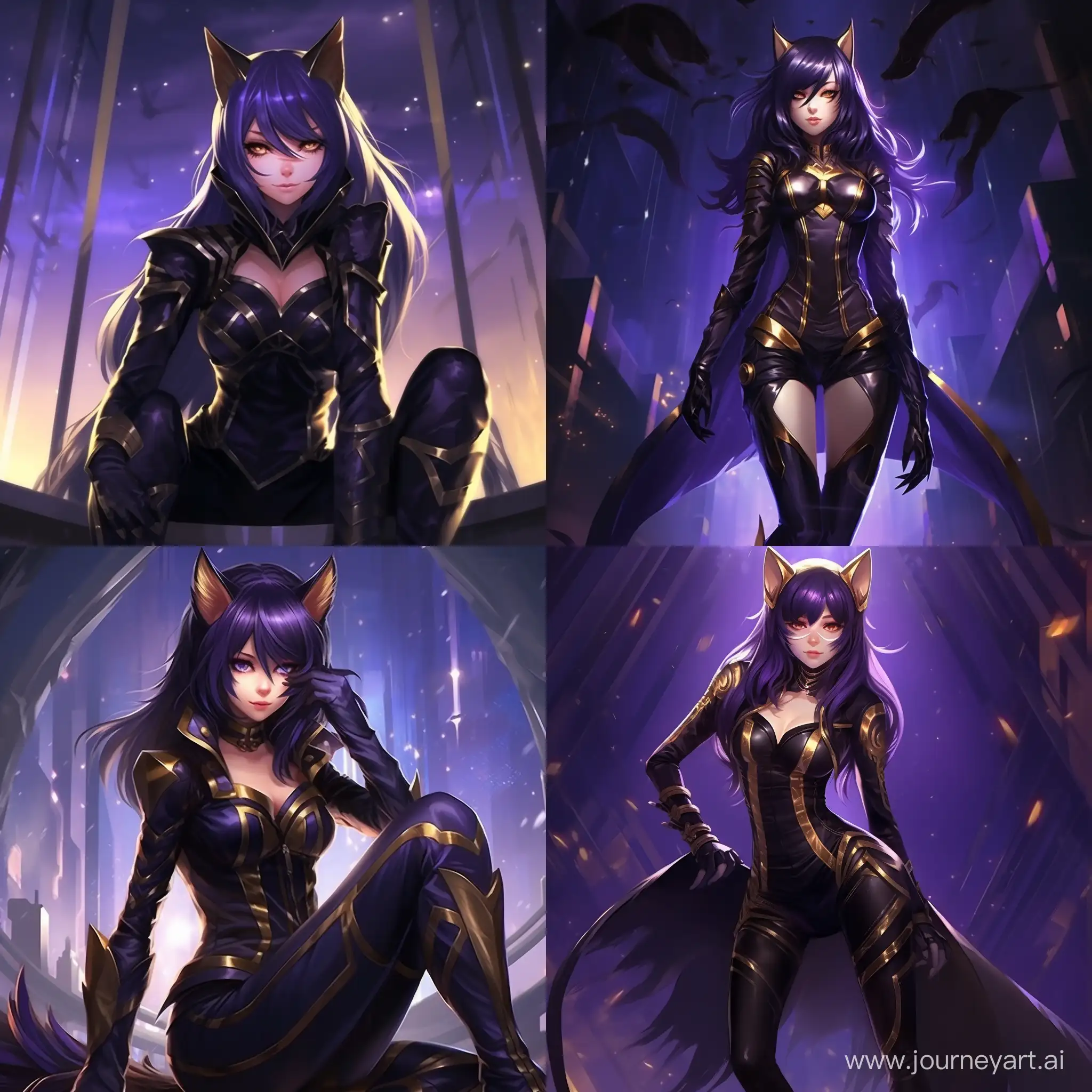 Anime woman with blue eyes, black hair, straight long hair, straight fringe, dark purple leather bodysuit high neck, black cat hood, black latex coat without sleeves, starry cosmo leggings, dark  boots with golden details and golden metallic tip, long black gloves