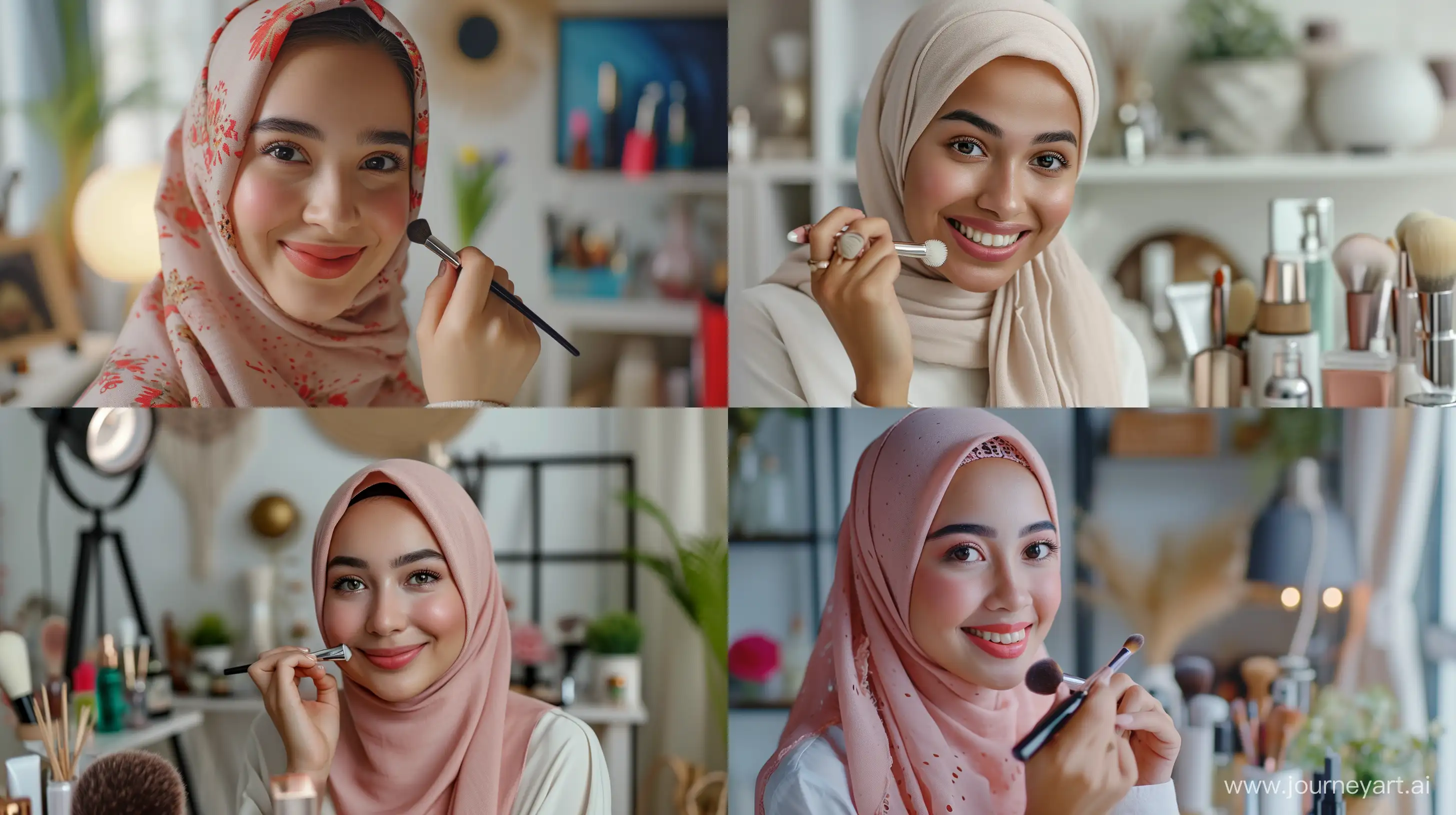 close up, happy beautyful muslim girl making up in a room, advertising banner, symmetrical balance, hyper-realistic --ar 16:9 --style raw