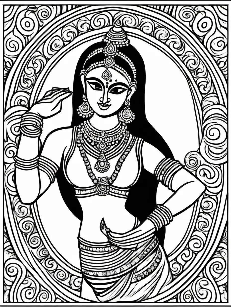 --v 5 --q 2 --ar 9:11 create a simple thin crisp line drawing of a girl in bharathanatyam pose in black and white, mural painting style,  white body, white background, only two hands, no dark or black shades, no black fill and easy for mural style coloring inside 