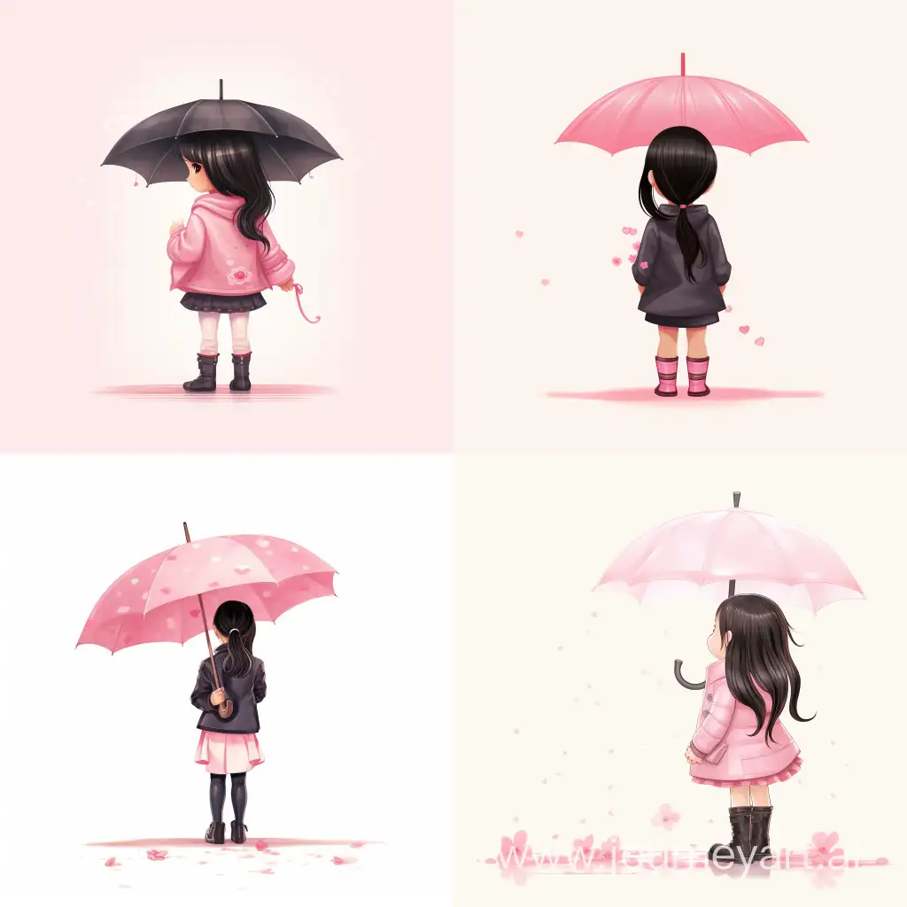 Full figure Asian race 5 years old, children book Illustration style, black hair, ponytail, cute, white background, girl is wearing pink rain Coat , black boots, umbrella, front view, side view, back view 