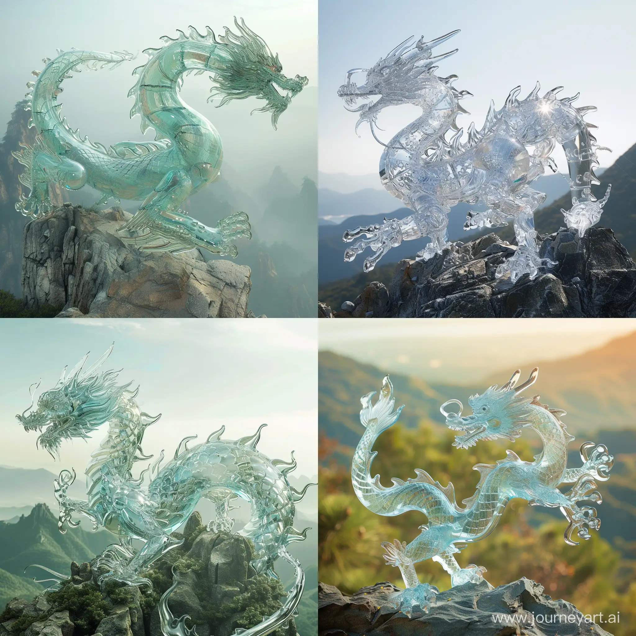 The glass-styled Chinese dragon soars on the mountaintop. --v 6 --ar 1:1 --no 542