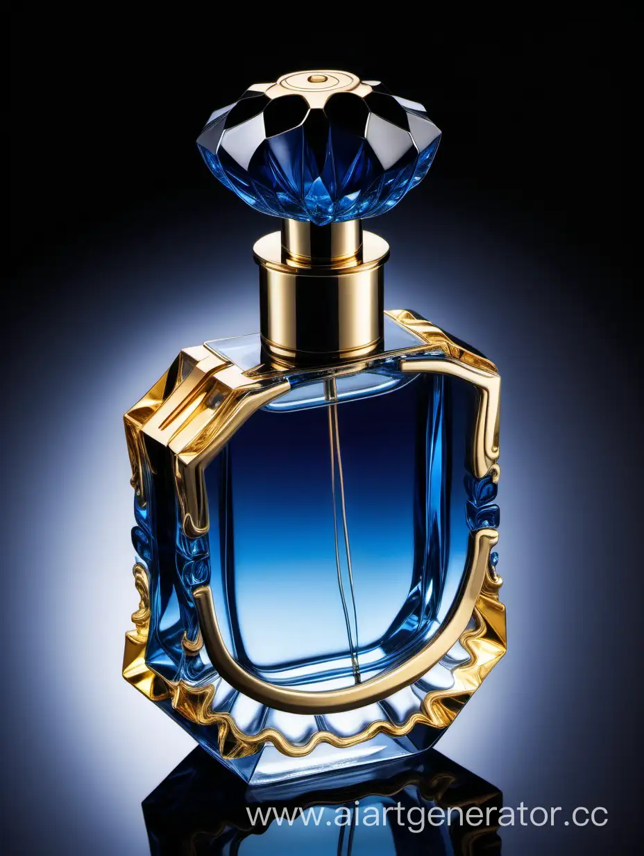 a crystal clear perfume bottle made of blue ,black and gold
transparent