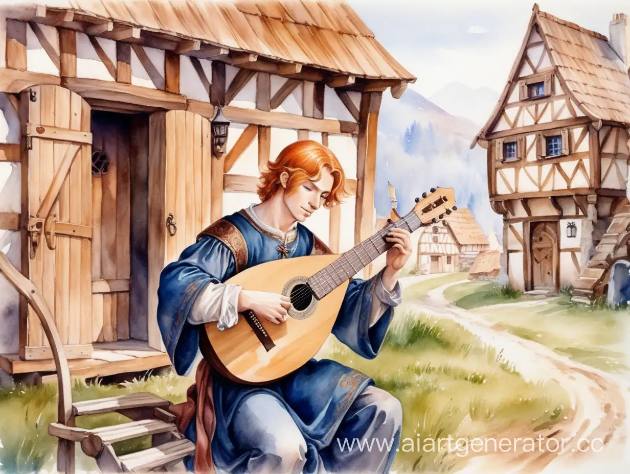 молодой парень со светлыми русыми волосами в дорогой средневековой одежде играет на лютне рядом с деревянным домом в поселении с деревянными домами, watercolor painting
