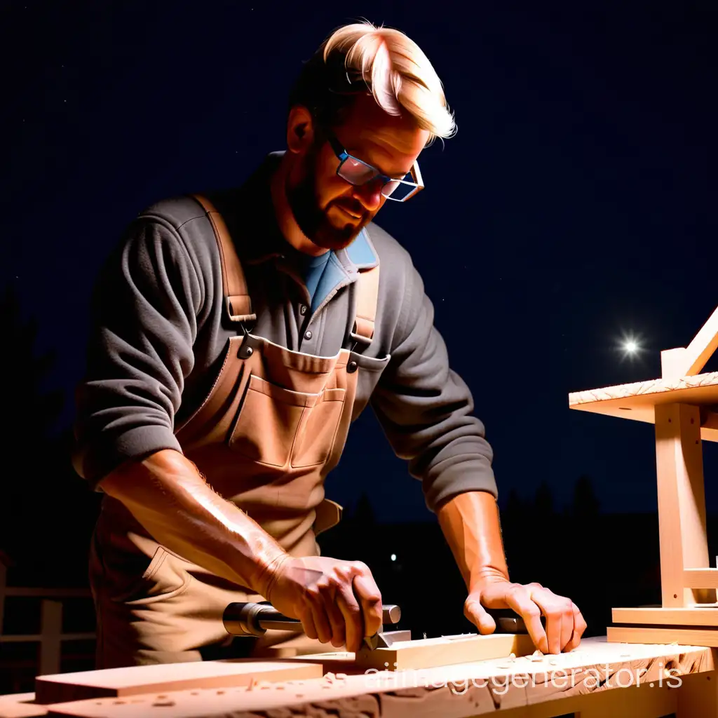 a man woodworking in the night