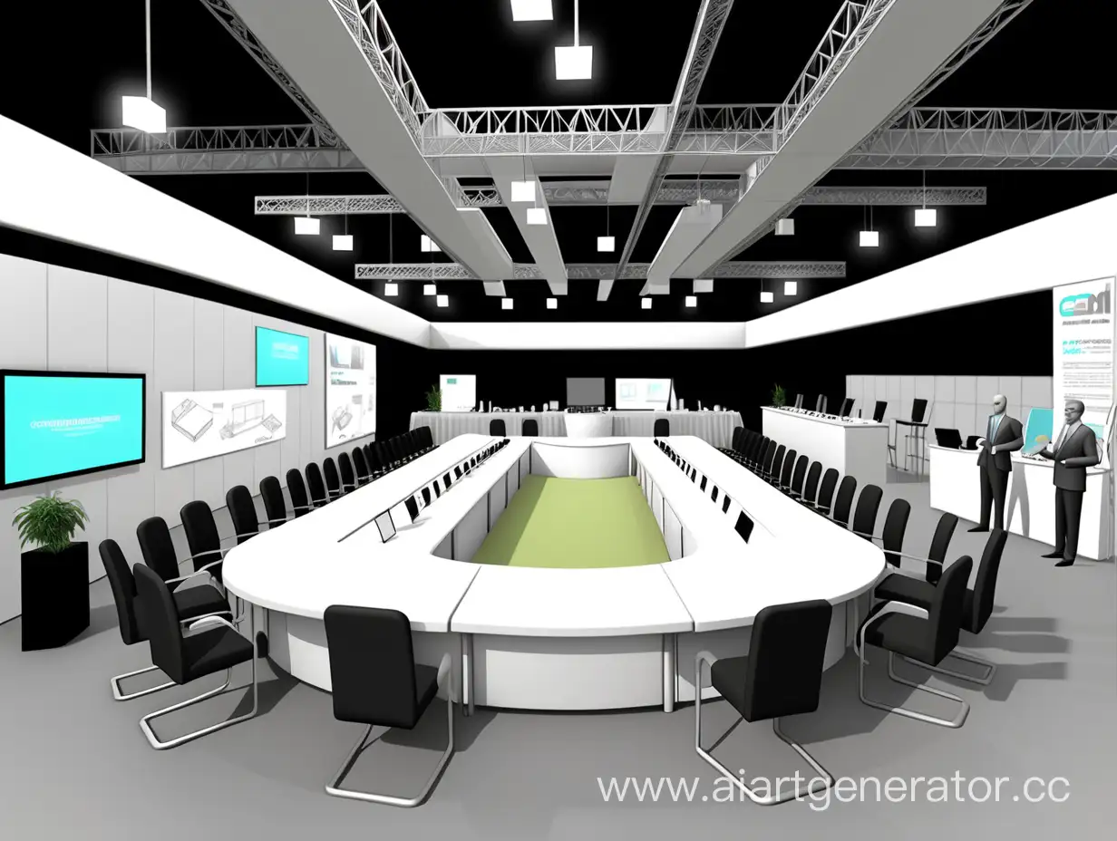 3д картинка выставочной площади 2000 квадратных метров, где есть зона проведения конференции со сценой, комнаты для спикеров, переговорные комнаты, зоны для СМИ