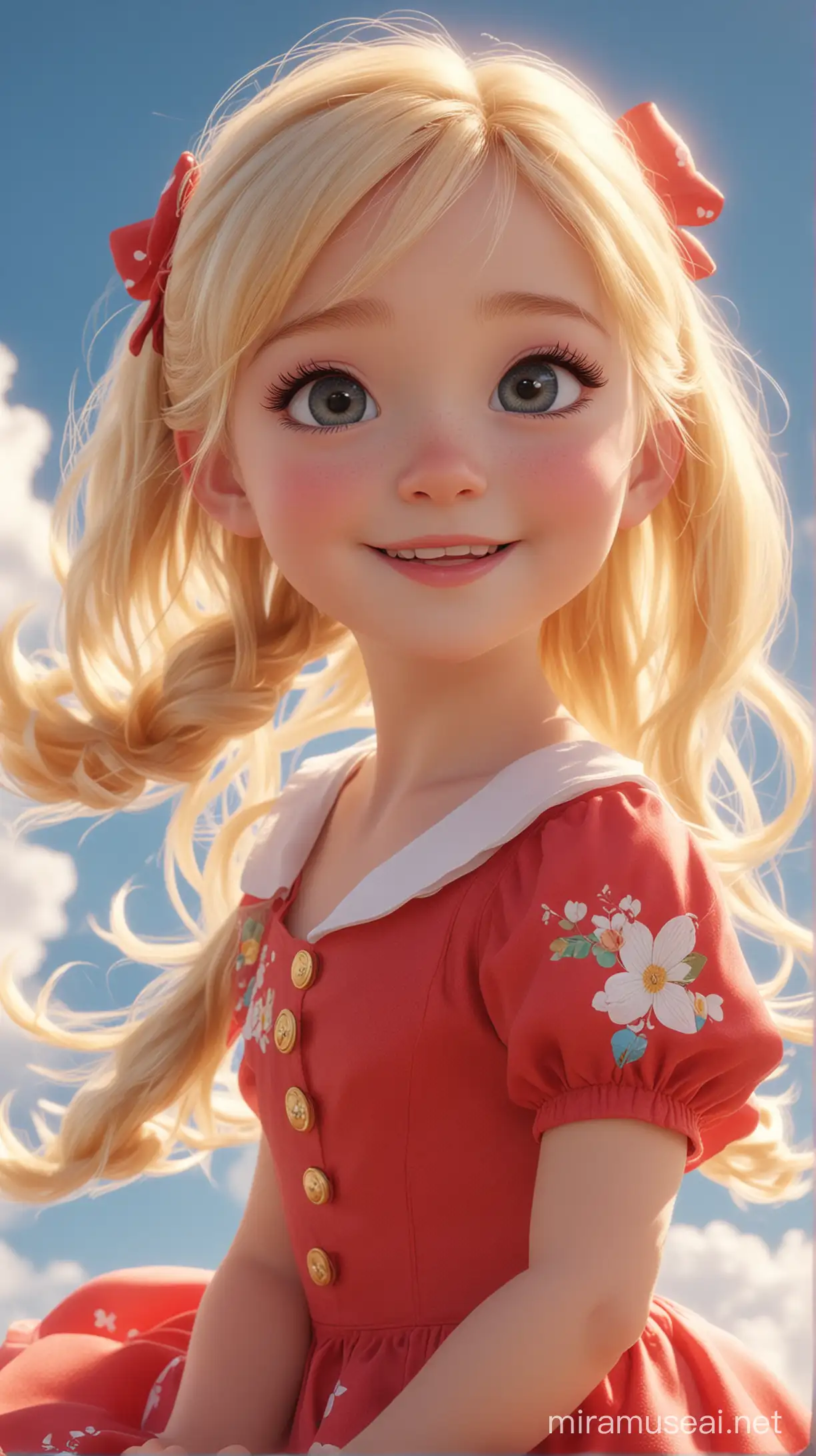 super cute BLOND baby GIRL pixar STYLE,wearing a red dress,super cute,dancing on the clouds of heaven,big eyes,many  sunshine,charming,f,shiny mane,petals,fairy tales,fairy style,happy smile,personification,popular on the arta super cute baby pixar style white ,big bright eyes,,wearing black sailor suit,wearing light klein blue a hat and sunglasses,smile,delicate and fine,fairy tales,incredibly high detailed,pixar style,bright color,natural light,simple background with pure color,5 and octane render,trending on artstation,gorgeous,ultra wide angle,8k,hd realistic,8k hd –ar 19:6 –v 6 stage,unreal engine 5 and octane rendering,4k,hd.