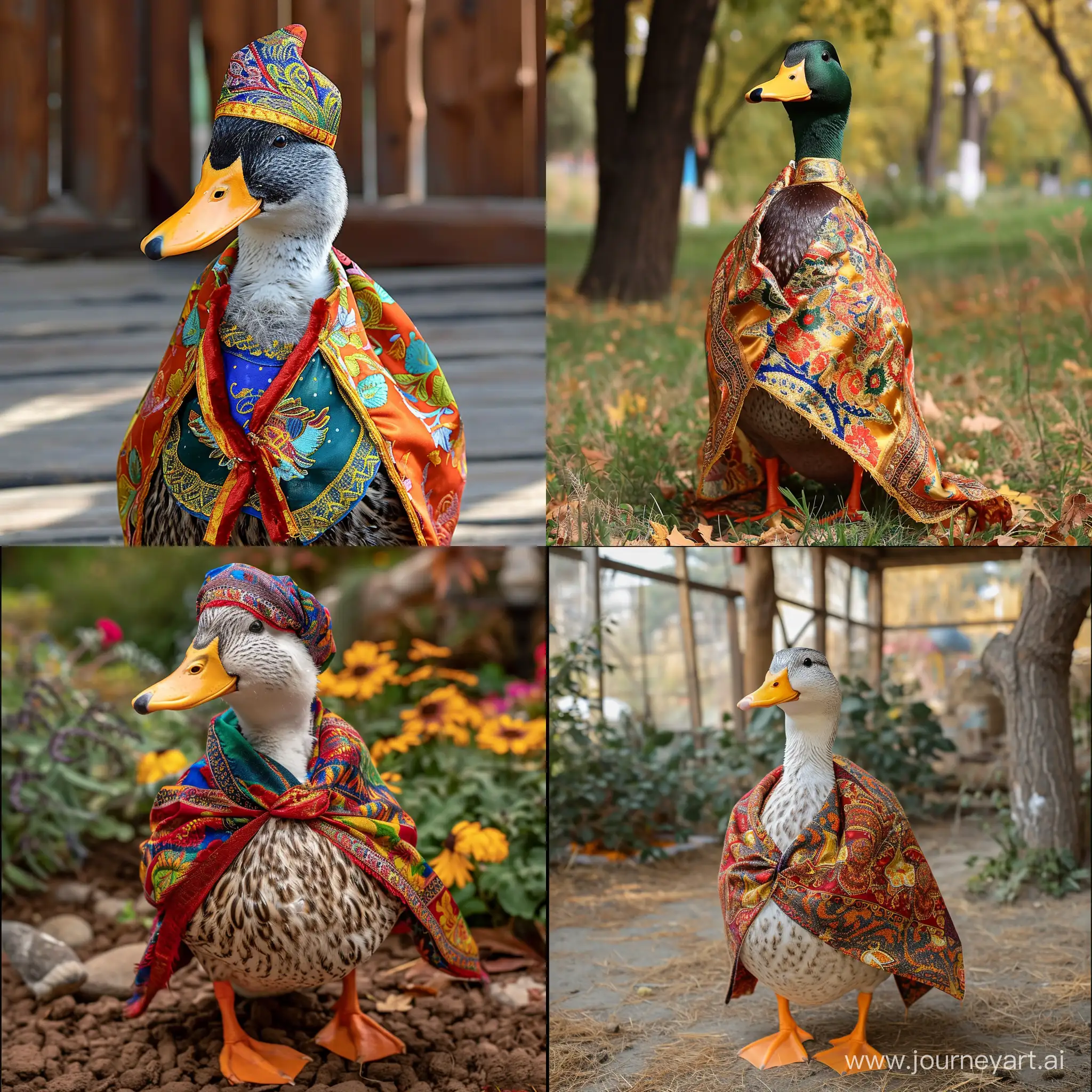 Dress the duck from the picture with Kazakh national cloth
