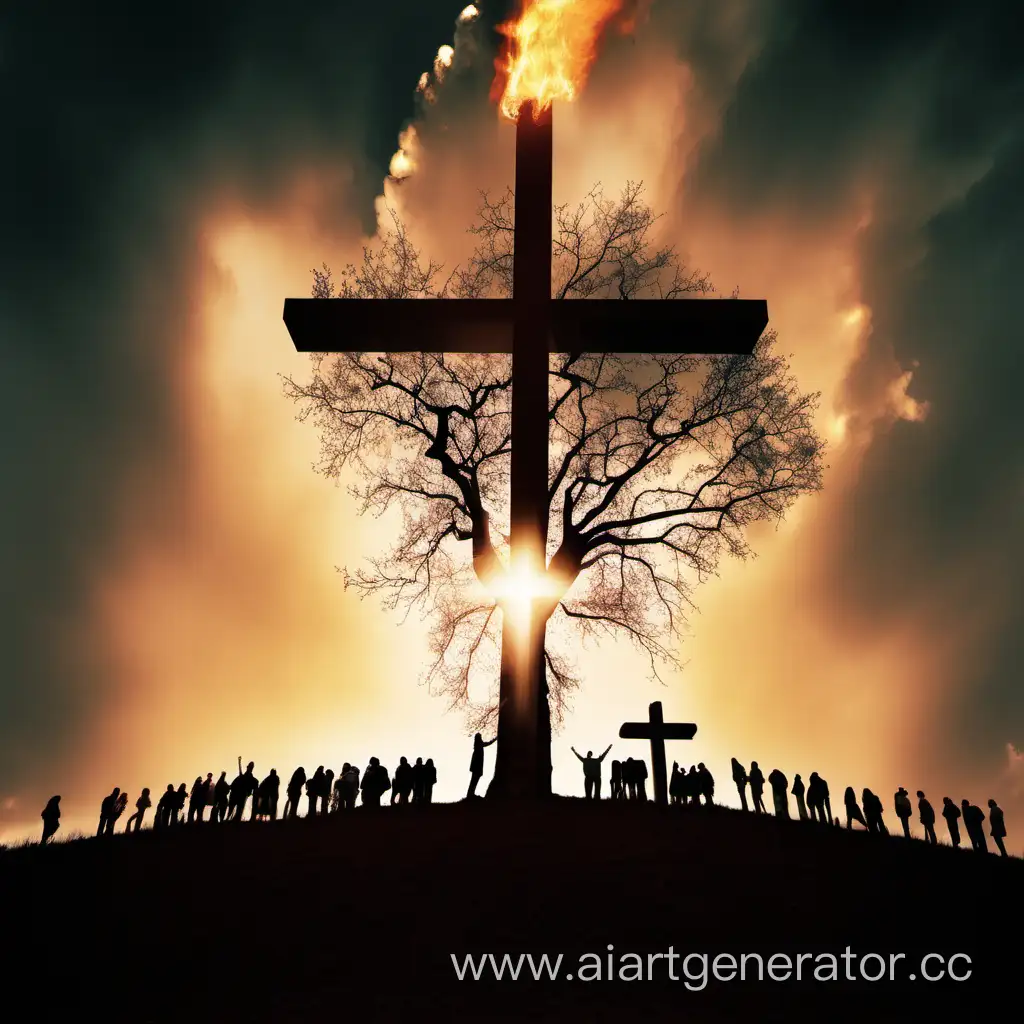 Крест, люди, огонь, небо, дерево, покланение