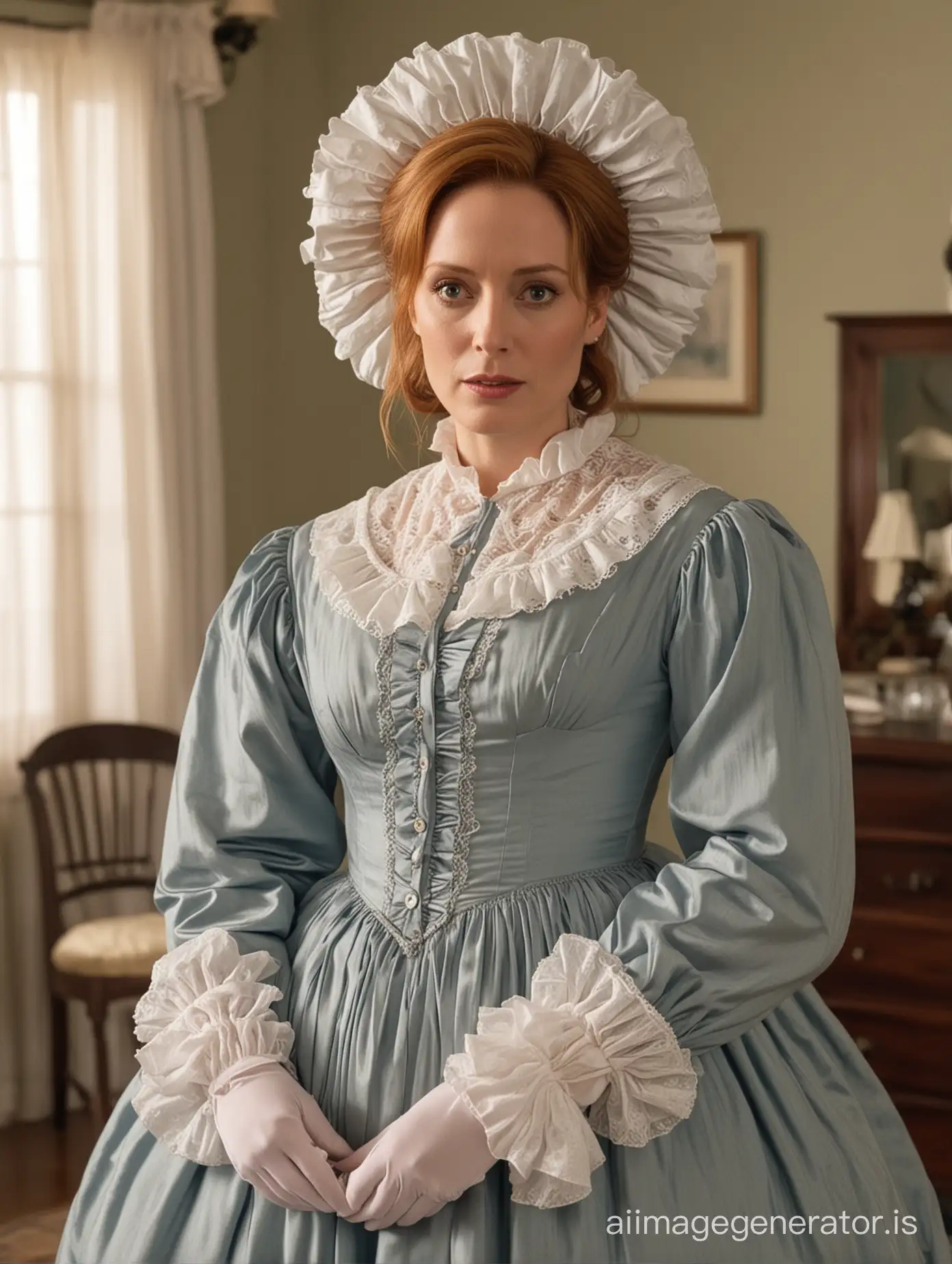 Dana Scully , dressed in a floor-length 1860 victorian billowing dress her hair styled into a bun adorned with a white little frilly bonnet