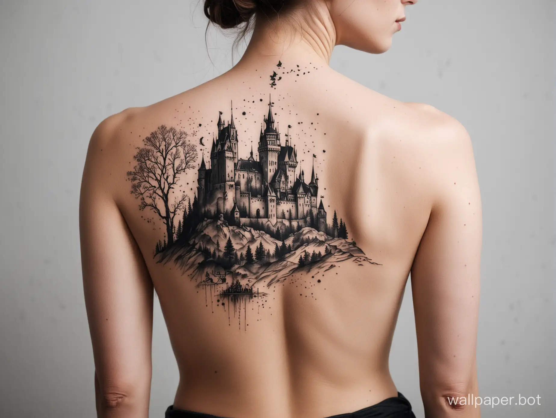Masterpiece Nordic tattoo, showing back tattoo, darkness blackwork, minimalistic castle, dot work, studio photo, white background