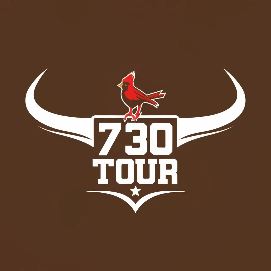 logo, Simple Longhorns (horns only no bull) with a small red cardinal sitting on them. 730 Tour written above/inbetween the horns., with the text "730 Tour", typography, be used in Sports Fitness industry, remove the arrows on either side and the arrow behind the cardinal
