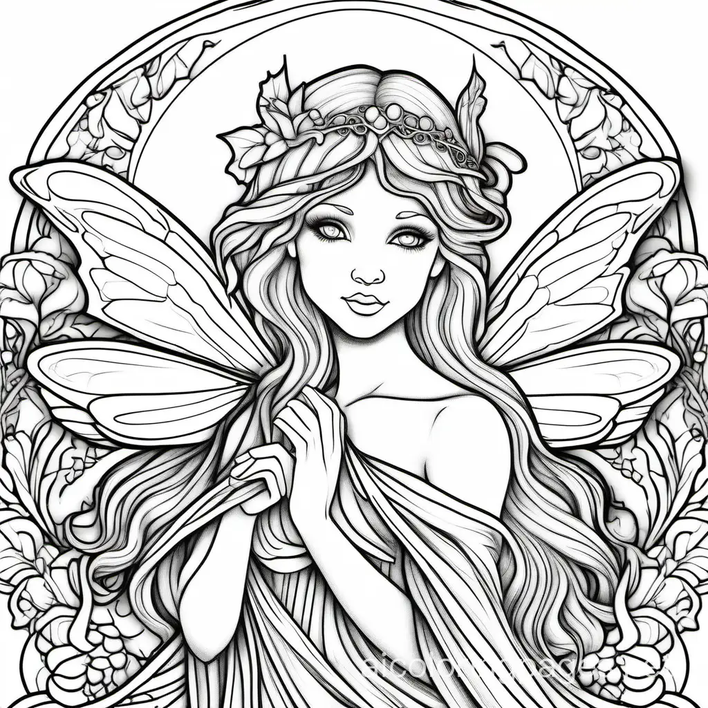 majestic fairy adult coloring pages , Coloring Page, black and white, line art, white background, Simplicity, Ample White Space. The background of the coloring page is plain white to make it easy for young children to color within the lines. The outlines of all the subjects are easy to distinguish, making it simple for kids to color without too much difficulty