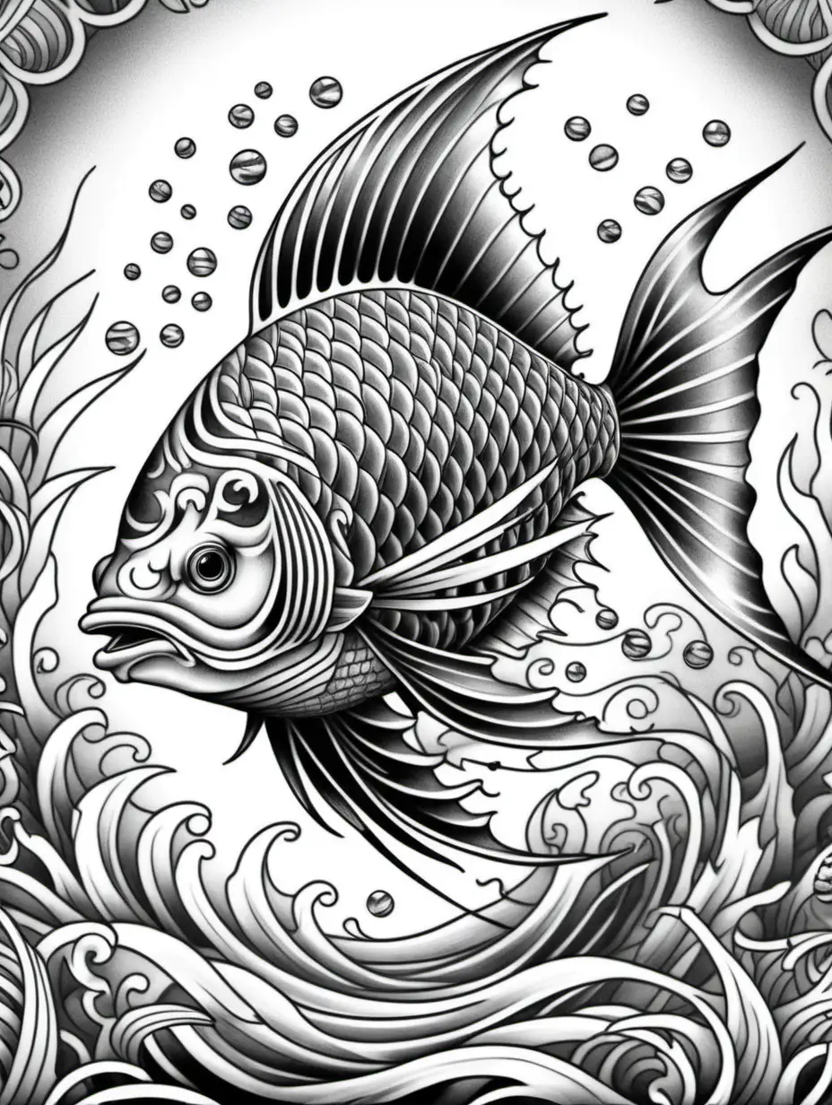 adult coloring book, black and white, intricate, fantasy,  tattoo sail fish, high detail, no shading,