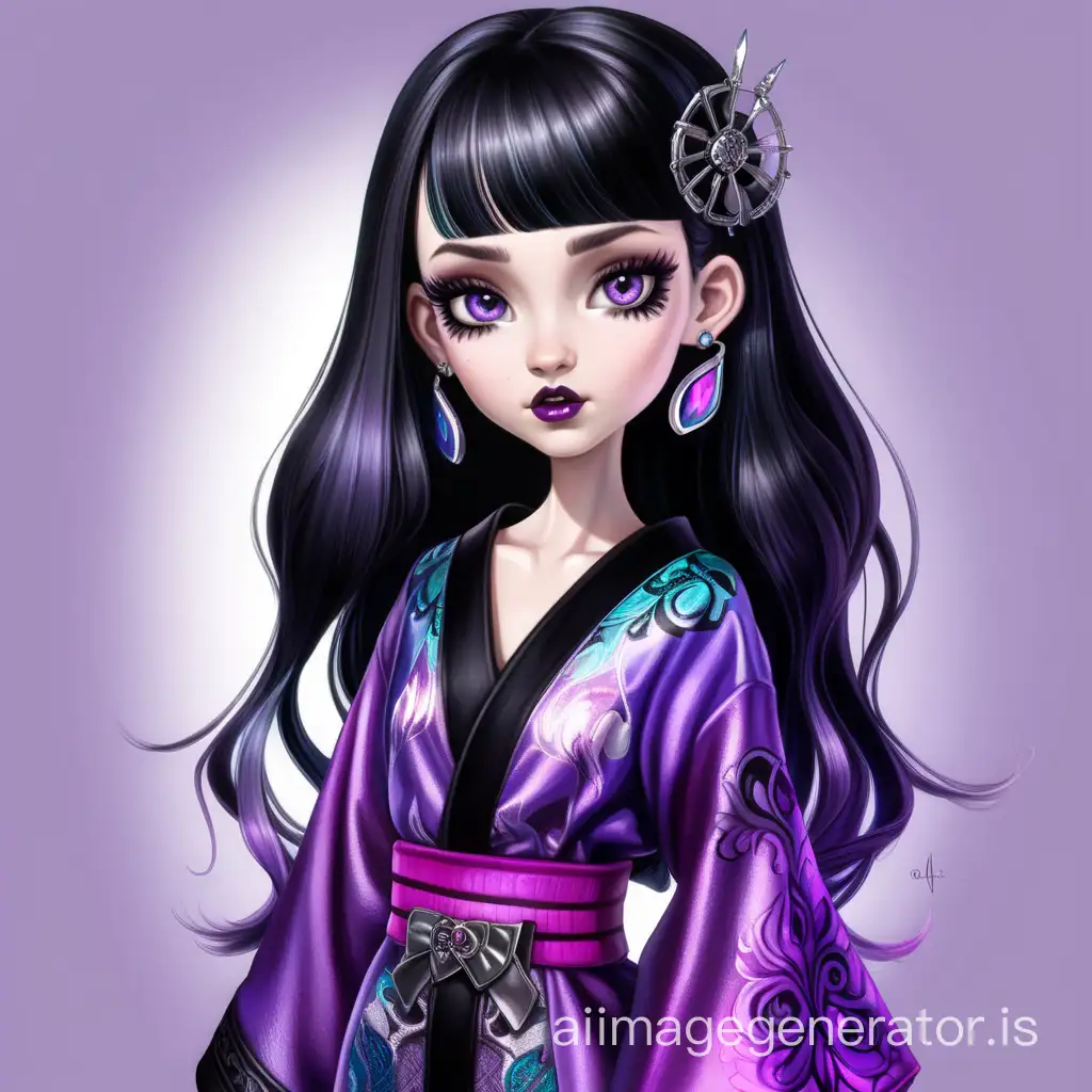 Ever after high series drawing style. Cute spaniard teen girl. Pale skin. Black straight hair. Lower scleral show small violet eyes. Cold hard gaze. Silk black iridescent holographic gothic rock punky short mix kimono dress, tights and heels. Fighting with excalibur. Proportioned complete body, small waist, head, neck, legs, feet. Extremely detailed skin, eyes, hair, hair locks, lips, body, clothes, fabrics, textures, shoes, colours, shadows and lights. SDXL. Without hair bangs.