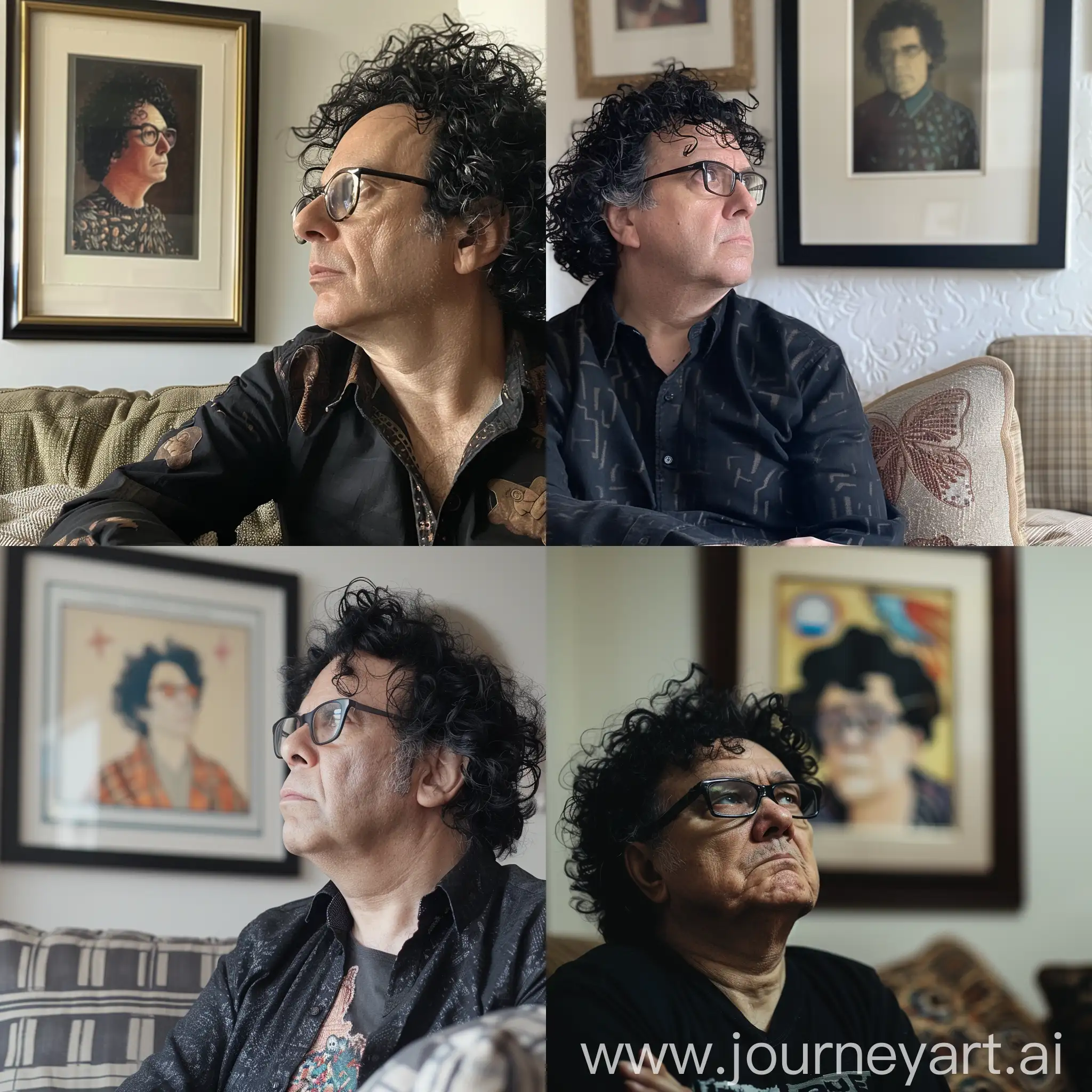 a middle aged man with black curly hair and glasses sitting in a couch watching the picture of a framed shit