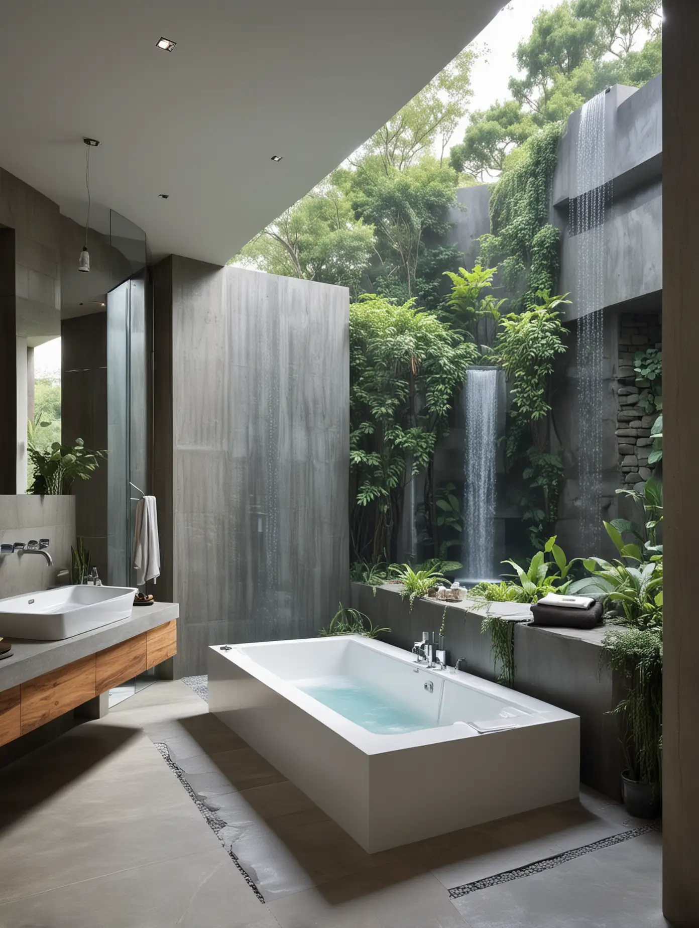extrem Futuristisches Badezimmer mit Zugang nach draußen und Wasserfall der von Draußen und oben durch den Raum fällt 