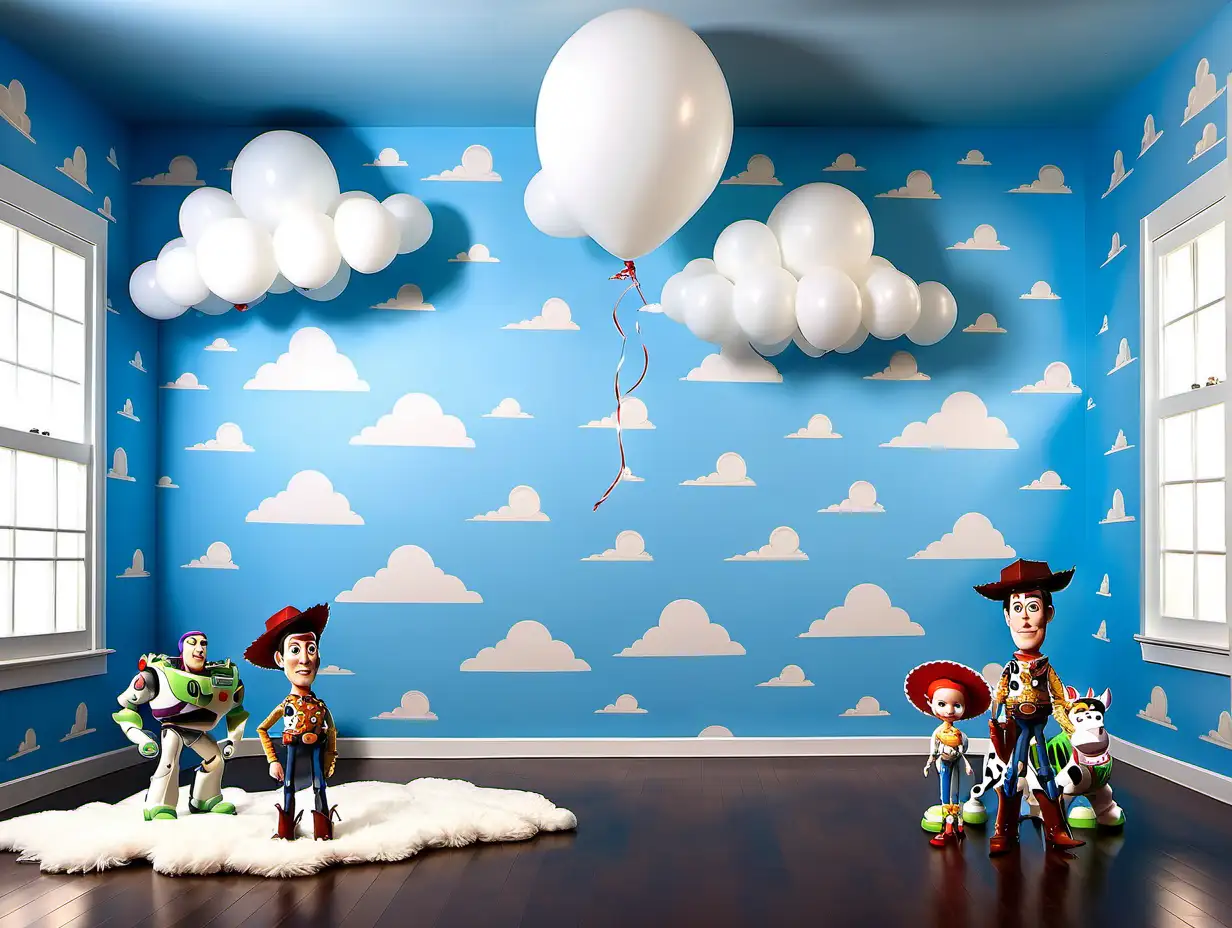 digital backdrops, pared celeste con nubes blanca, cuarto de pelicula toy story, jugueres, ventanal con luz, globos 