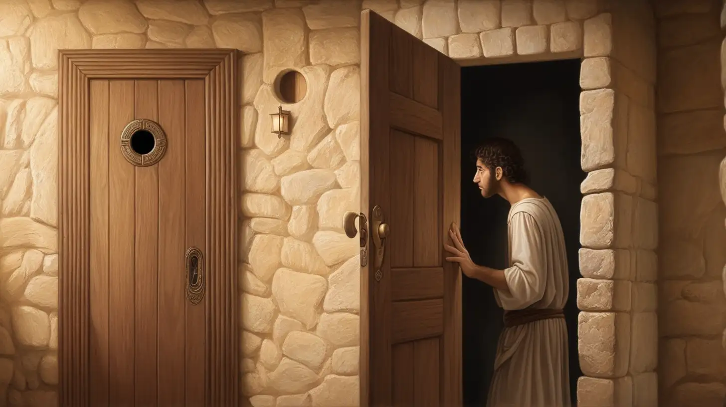 epoque biblique, dans le couloir d'une maison hébreu antique, un jeune hébreu regarde discrètement vers l'intérieur d'une chambre à coucher par le trou de la serrure d'une porte en bois fermée, il est très choqué par ce qu'il voit