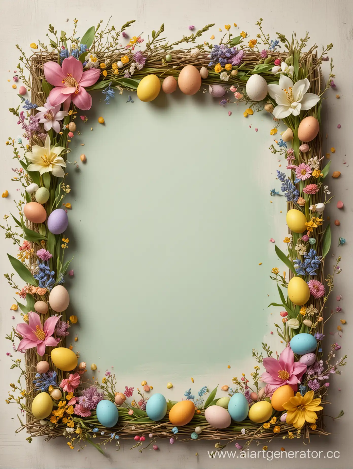 Create a picture frame with an empty center for an Orthodox Easter poster, which should consist of many small symbolic objects on the theme (flowers, willow, Easter eggs) in bright spring colors, all other colors should be spring pastels, watercolors, the central part is free, the whole composition serves as a frame
