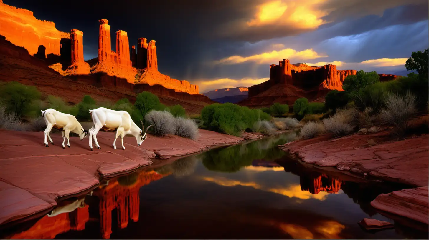 Dramatic Late Afternoon Scene at Fisher Towers with Mountain Goats and River Reflection