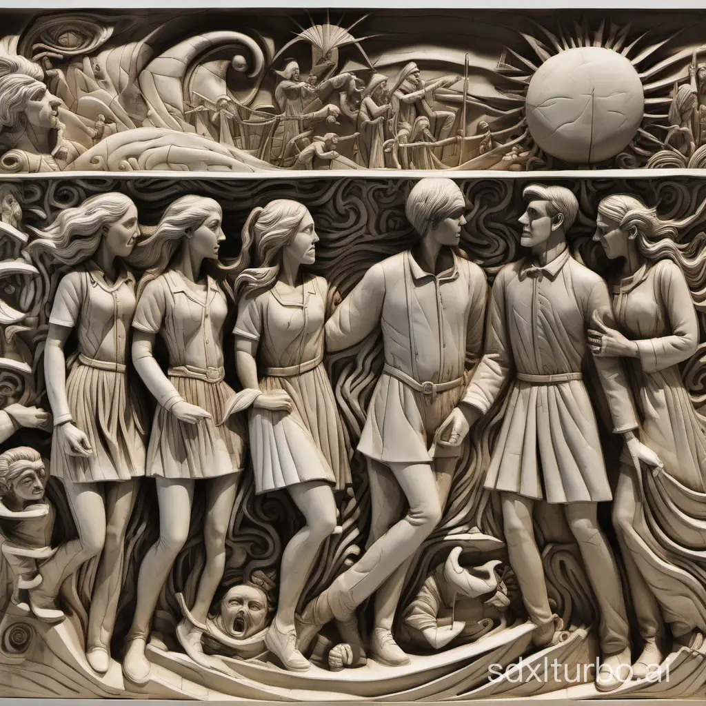 panorama relief sculpture about A surreal story about loss in different forms, represented by a group of four people whose appearance describes their personality such as bravery and cowardens and stupidity and hothead
