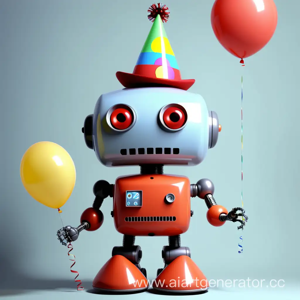 робот, который напоминает о днях рождениях, в колпаке и с шариком