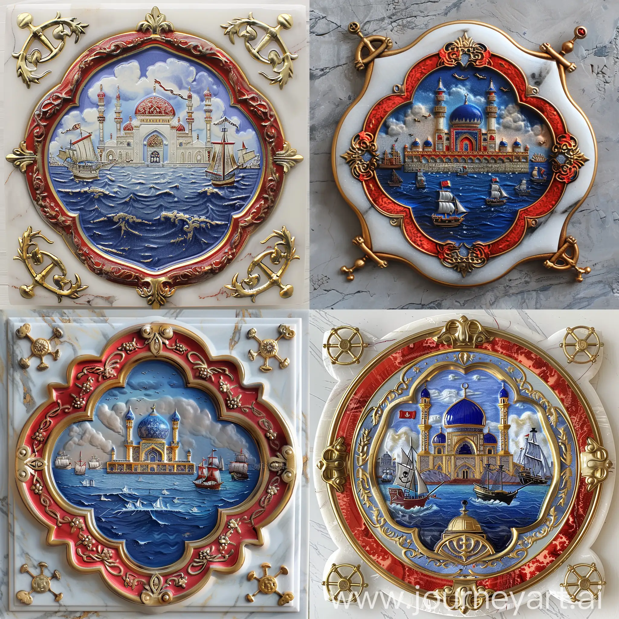 a pirates styled arabesque shaped medal, inframing 3d embossed style painting of a Persian mosque beyond a sea with ships, Symmetric front perspective, solid red blue iznik design with golden outline embossed on torus shaped white marble border, 3d Naval symbols at corners, shiny metallic gold framed