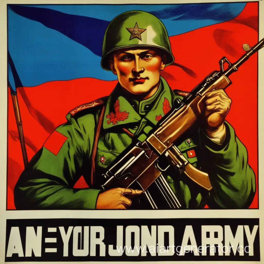 Российский плакат с изображением Солдата
На фоне флага надписью А ты вступил в нашу армию 