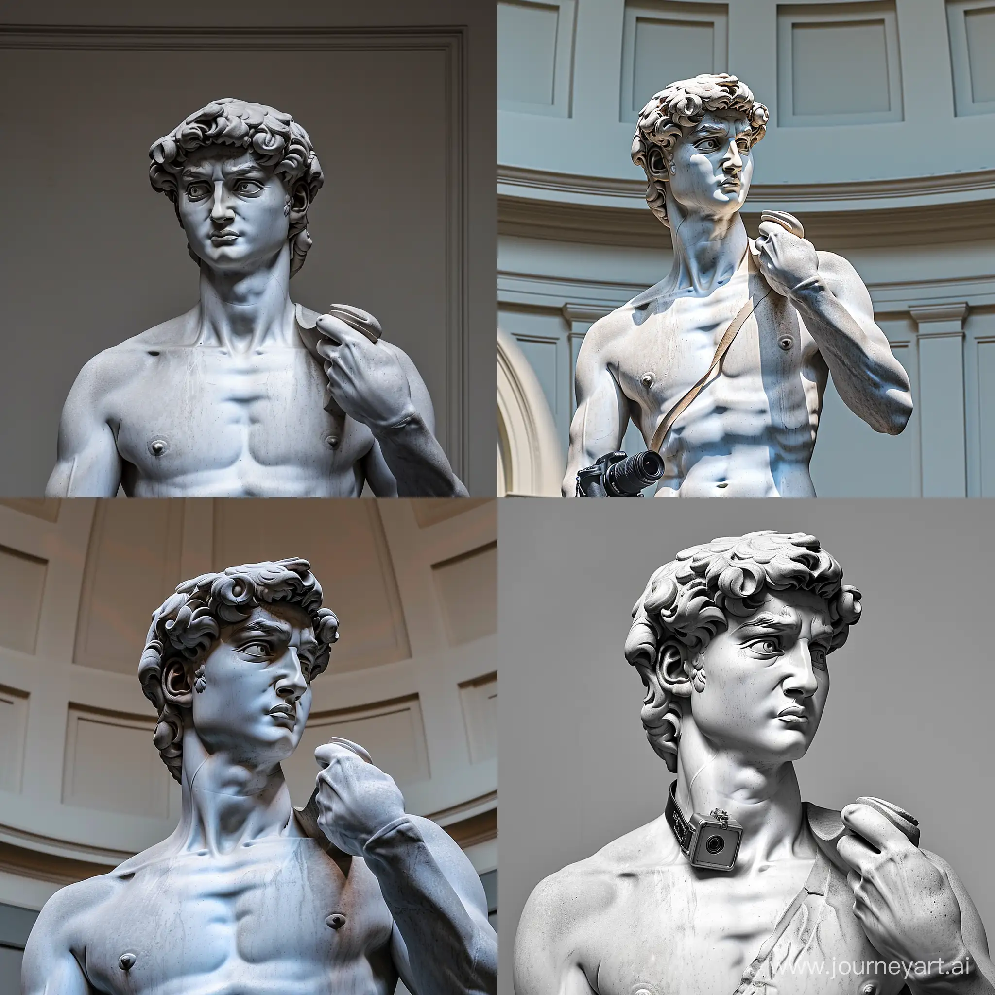 статуя Давида с фотоаппаратом на шее