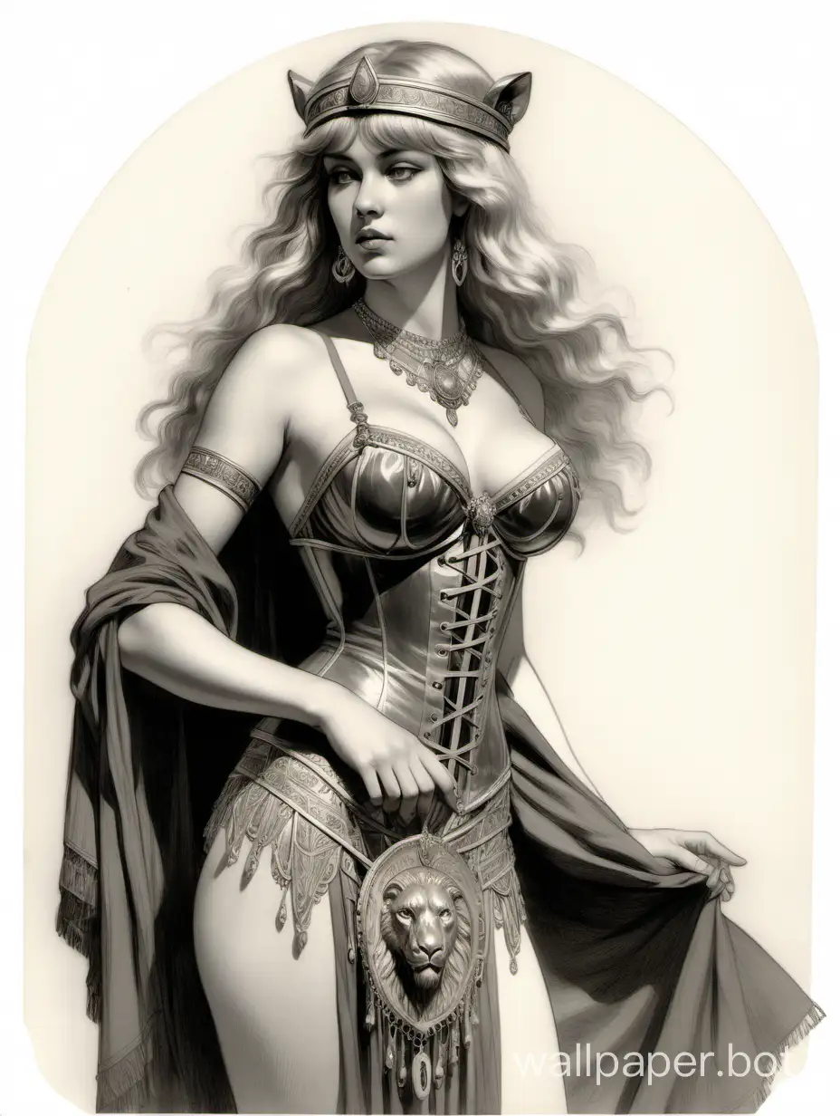 Young Irina Chashchina, Russian priestess of Ishtar, light hair with bangs, large breasts size 4, narrow waist, wide hips, bare chest, corset with lacing and a lion's head ornament, skirt with metallic overlays, short cloak on the right shoulder, black and white sketch, white background