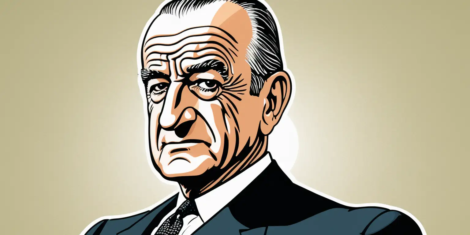 Cartoon Illustration of Lyndon B Johnson on a Solid Background