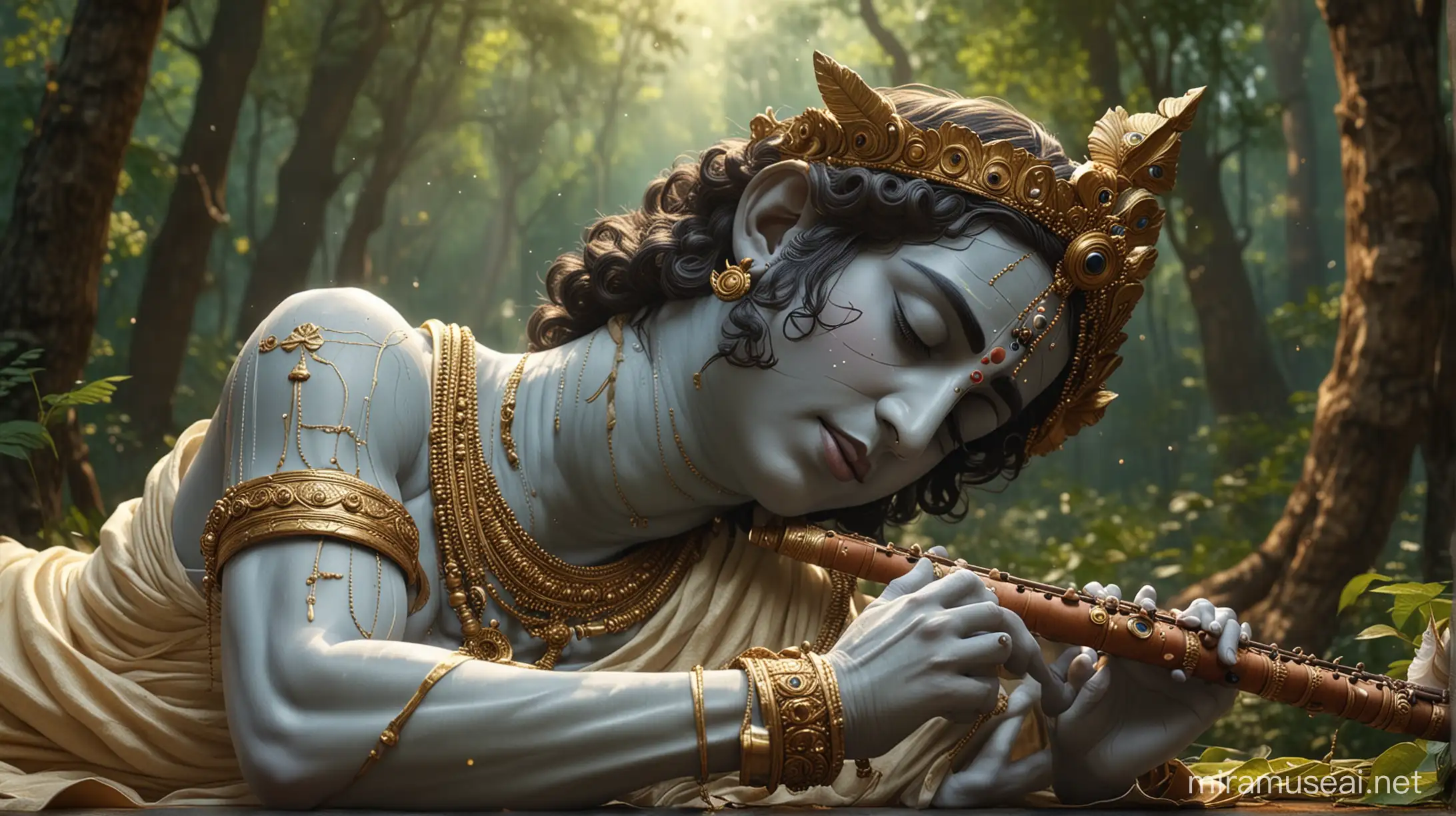 A detailed, hyper-realistic image of Lord krishna . lord krishna sleeping and, lord krishna , lord krishna with in hand flute,lord krishna in vrindavan forest, lord krishna and full HD. 4k high quality.