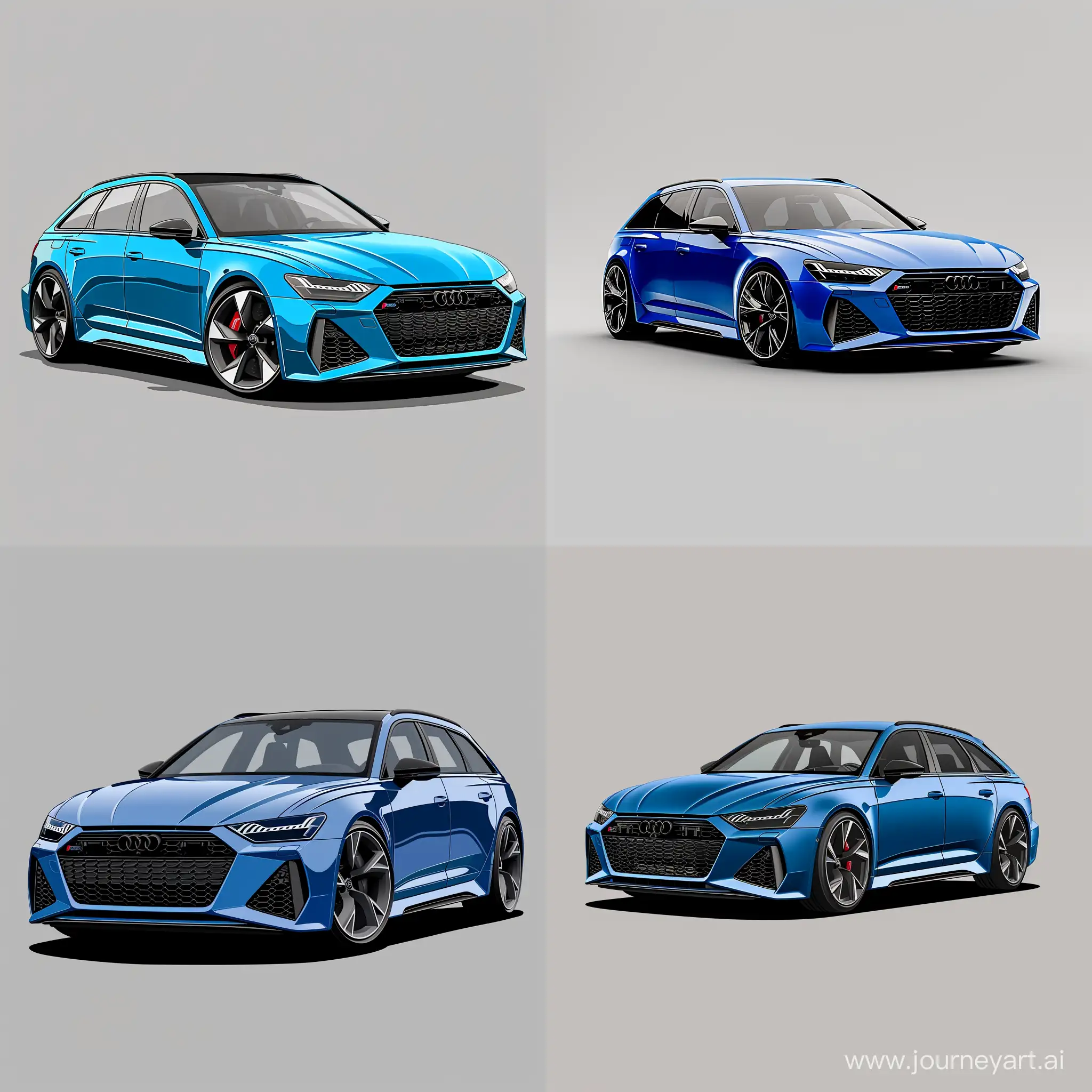 Minimalism 2D Illustration of Car Front Side View : Bold Blue Audi RS6 2022, Simple Gray Background, Adobe Illustrator Software, High Precision