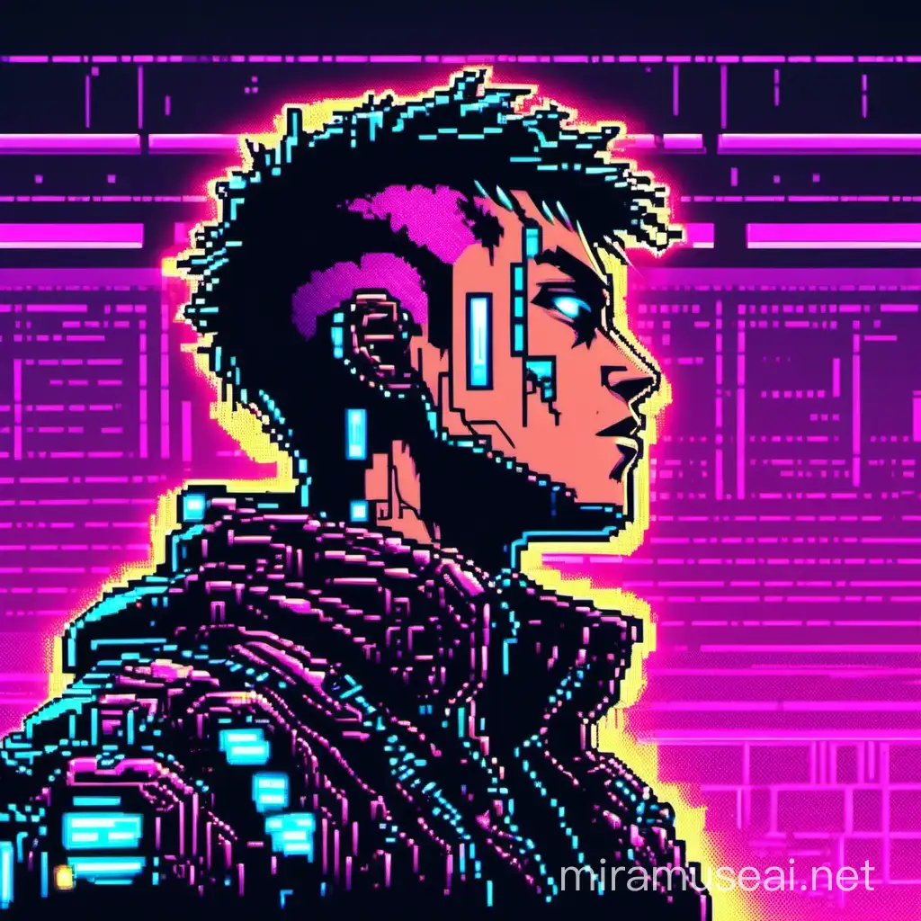 Bust up of a cyberpunk young man in cyberpunk world looking up of his head, neon lighting, pixel art, detailed, hd, High quality