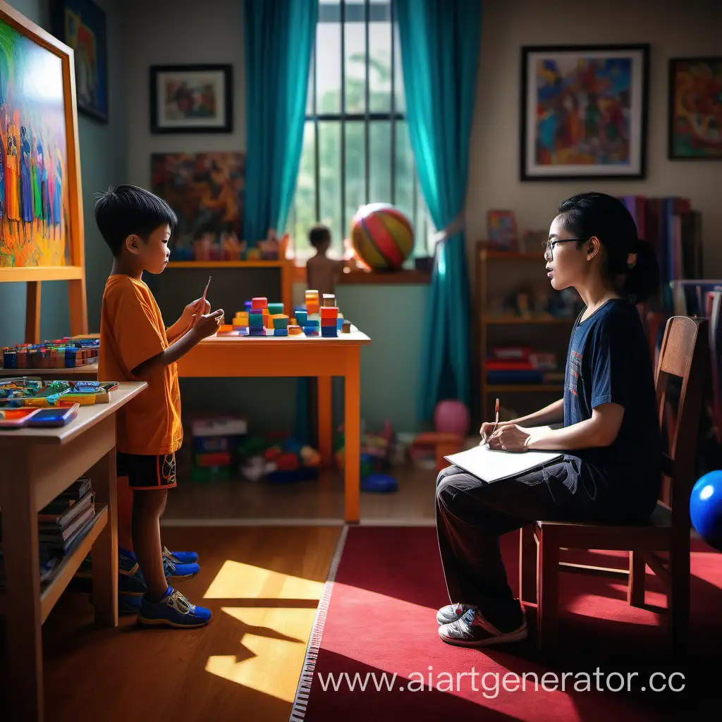 A therapist in ABA therapy room with one kid teaching , 64megapixel, bright colors, intricate, masterpiece, photorealistic, hiperrealistic, sharp focus, high contrast, full room photo, medium shot, candid by Stanley Artgerm Lau, WLOP, ArtStation trending,