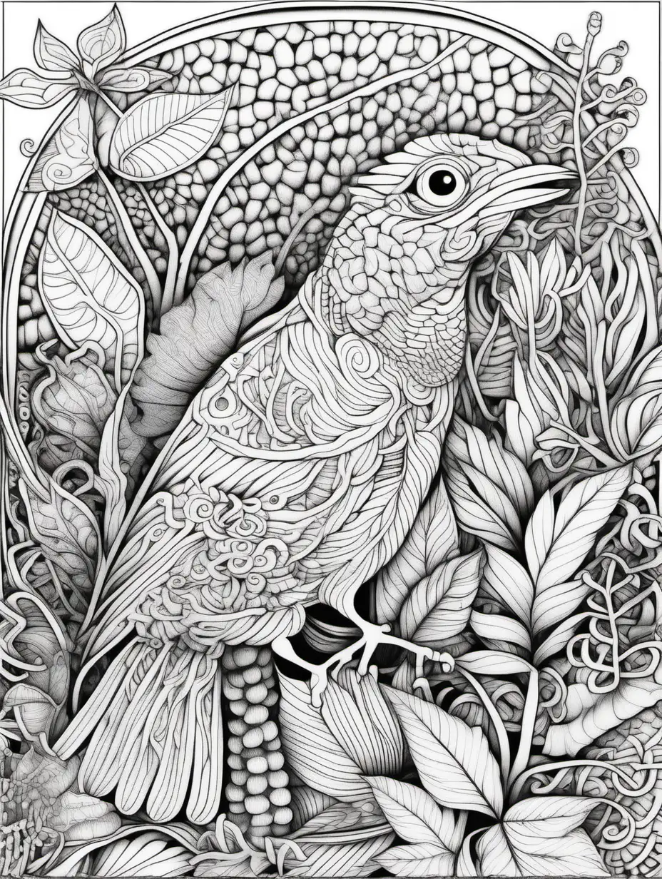 adult illustration colouring book, zentangle art interwoven with unique flora and fauna, thick lines low detail, no shading