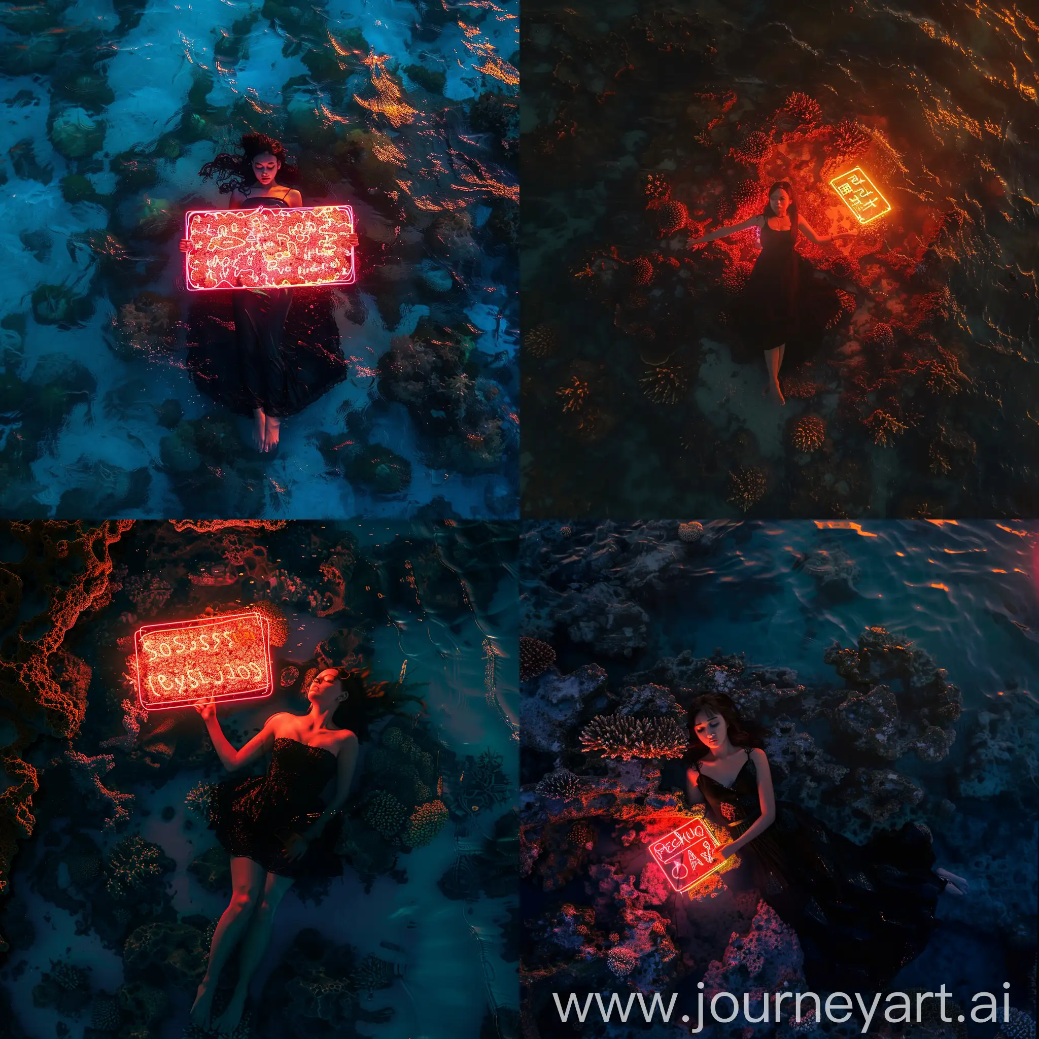 Sunset, ocean, bird's-eye view, coral reef, dark atmosphere, girl in black dress, holding neon sign, lying in sea, water reflection.
