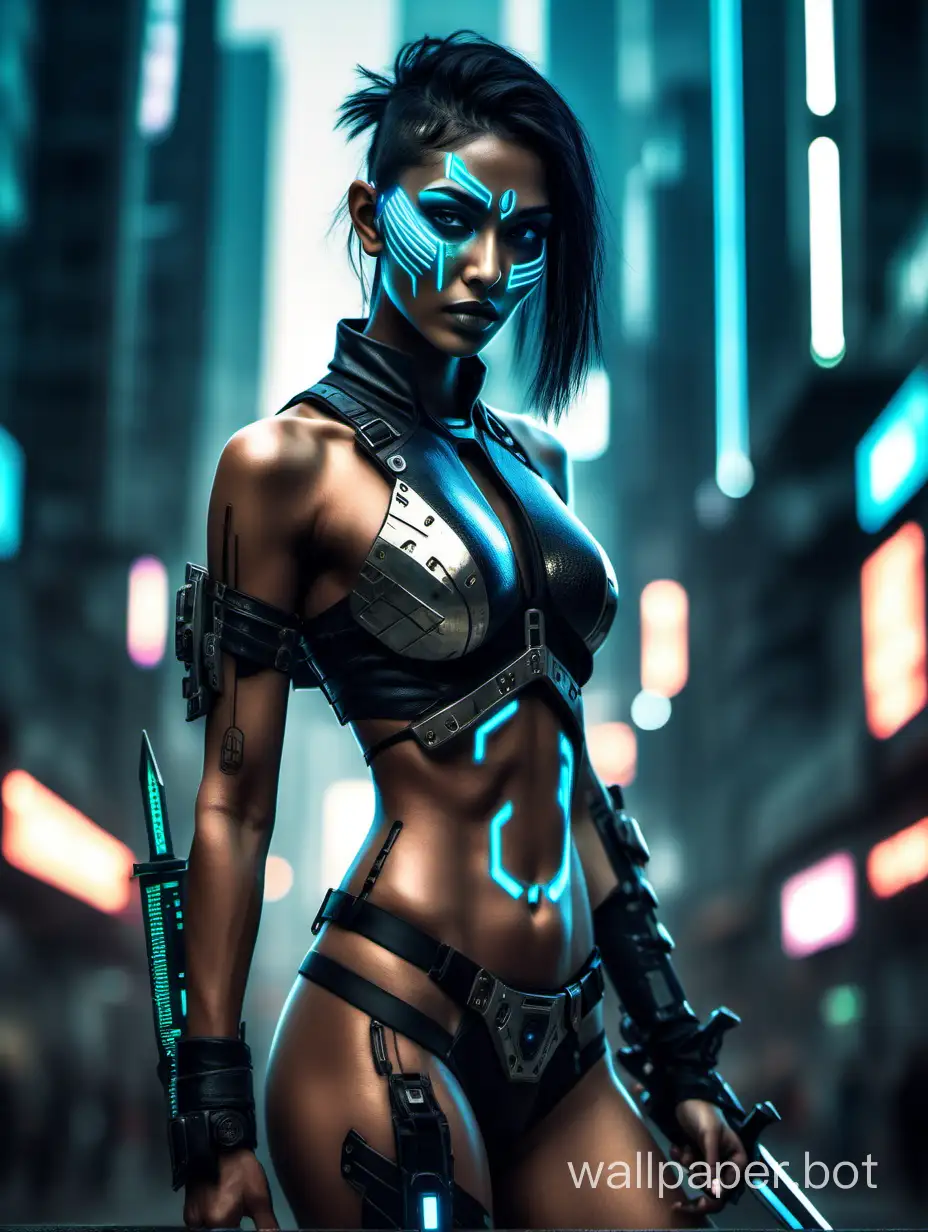 Glowing skin Indian Female with edged face wearing a High-cut top humanoid body at cyberpunk city with cyber sword