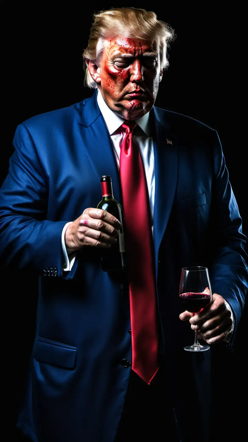 Disheveled Donald J Trump Slumps in Sadness with Cheap Wine
