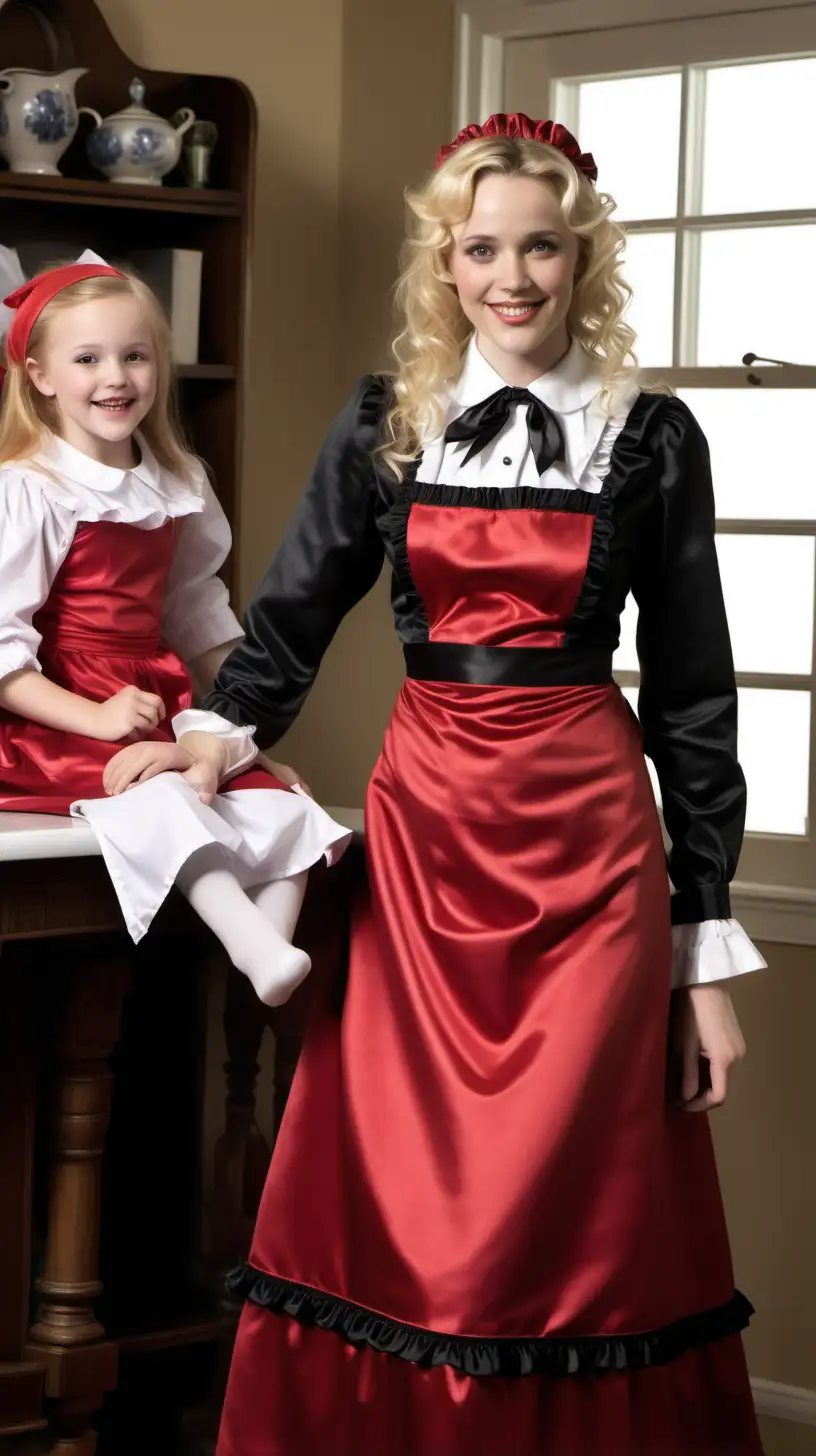 girls in long crystal silk satin red black,lila retro victorian maid gown with white apron and peter pan colar and long sleeves costume and milf mothers long blonde and red hair,black hair rachel macadams  smile in big house