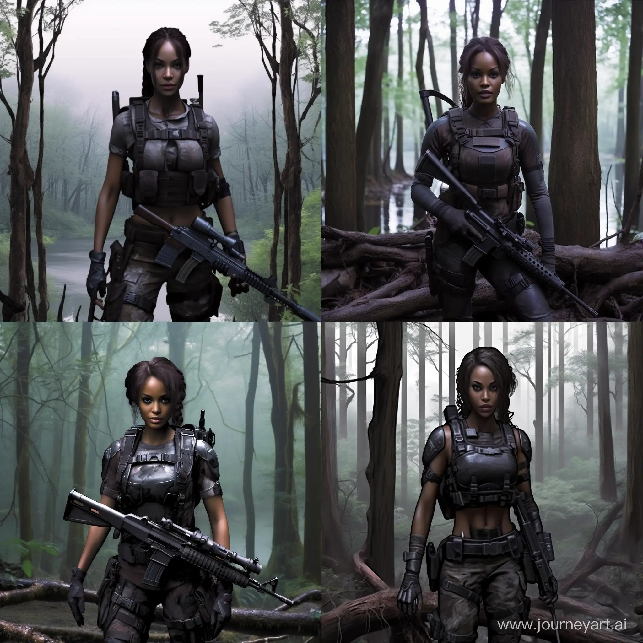 beautiful dark skinned female in S.T.A.L.K.E.R as mercenary in dark tactical bra equipment dead trees dark forest
