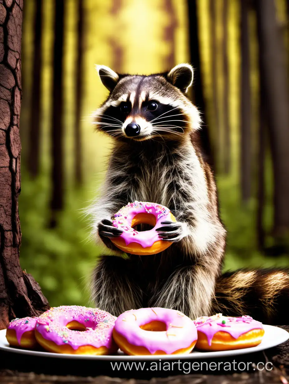 Adorable-Raccoon-Enjoying-Donuts-in-a-Serene-Forest-Setting