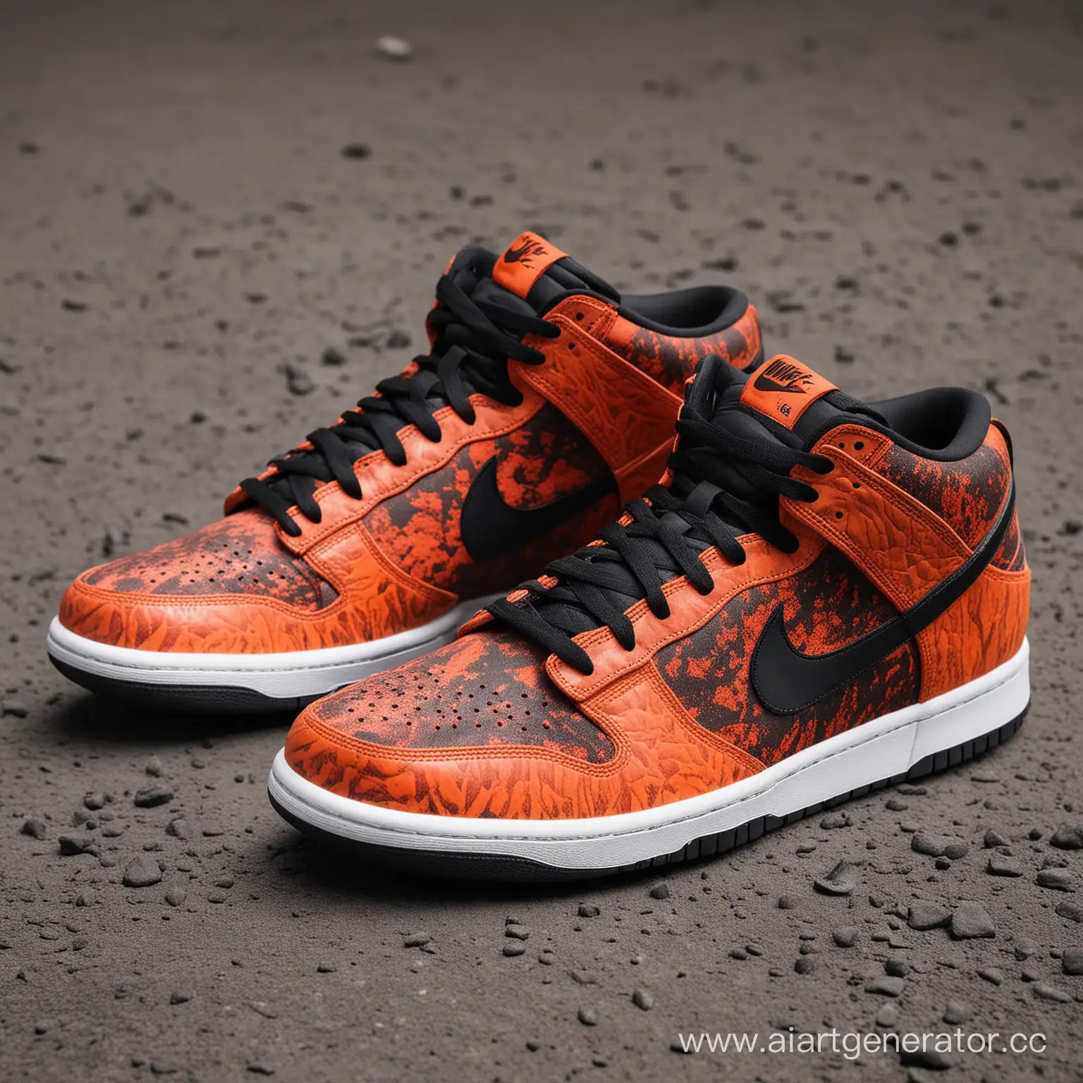 Nike dunk sneakers with volcanic eruption and lava texture pattern