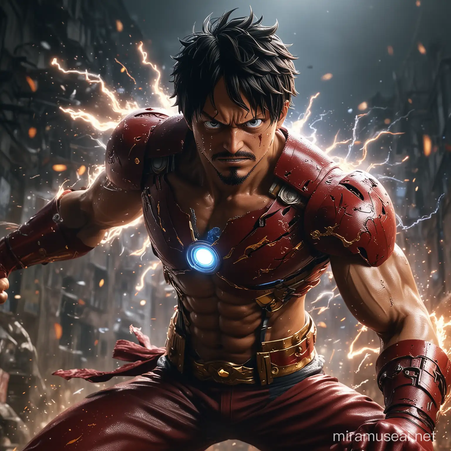 One Piece fights with Iron Man, a shot showing the fight, lightning and thunder, the appearance of Luffy in his costume, the appearance of Luffy's face in the cinematic shot, the stippling technique, the exciting atmosphere of sparkling skin, the sweat, the disheveled hair, the soft light, the warm light, the wonderful shadows, the air of elegance  And sophistication, 8K, extreme quality, depth of field, incredible technology, masterpiece) Gorgeous digital painting, amazing lighting and composition, 8K, sharp, extremely detailed, high resolution, fights the enemy, full body appearance.