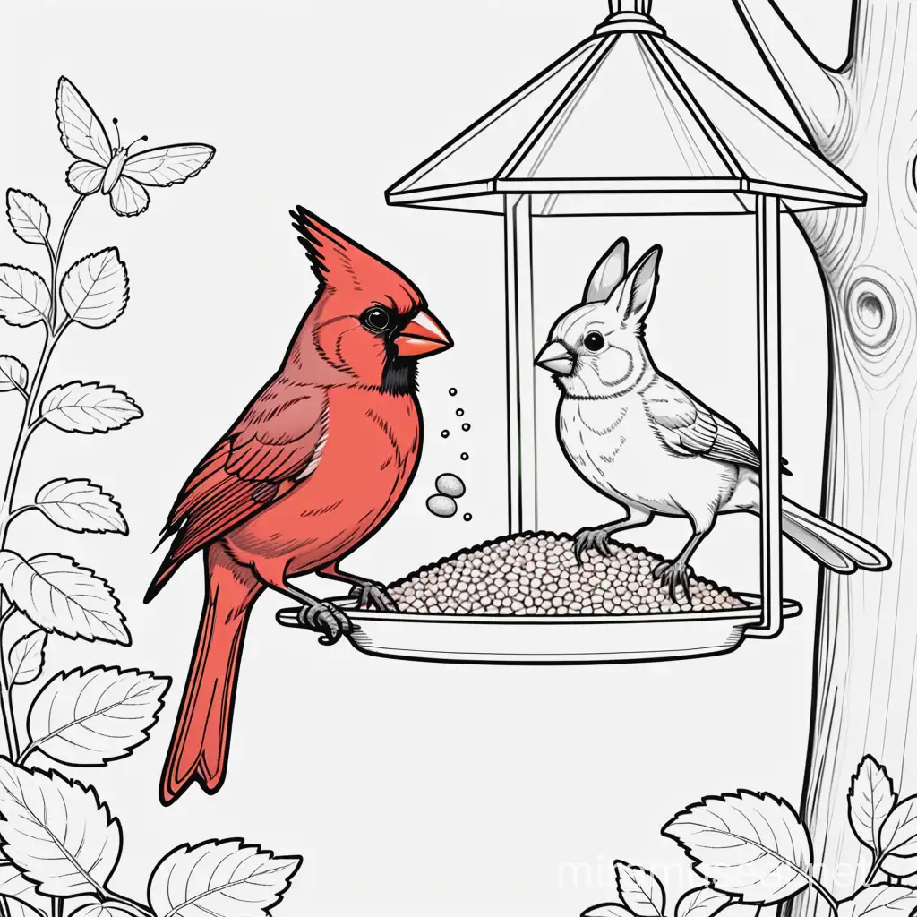 simple line drawing for kids colouring book, beautiful male Cardinal at simple bird feeder, cottontail bunny eating below