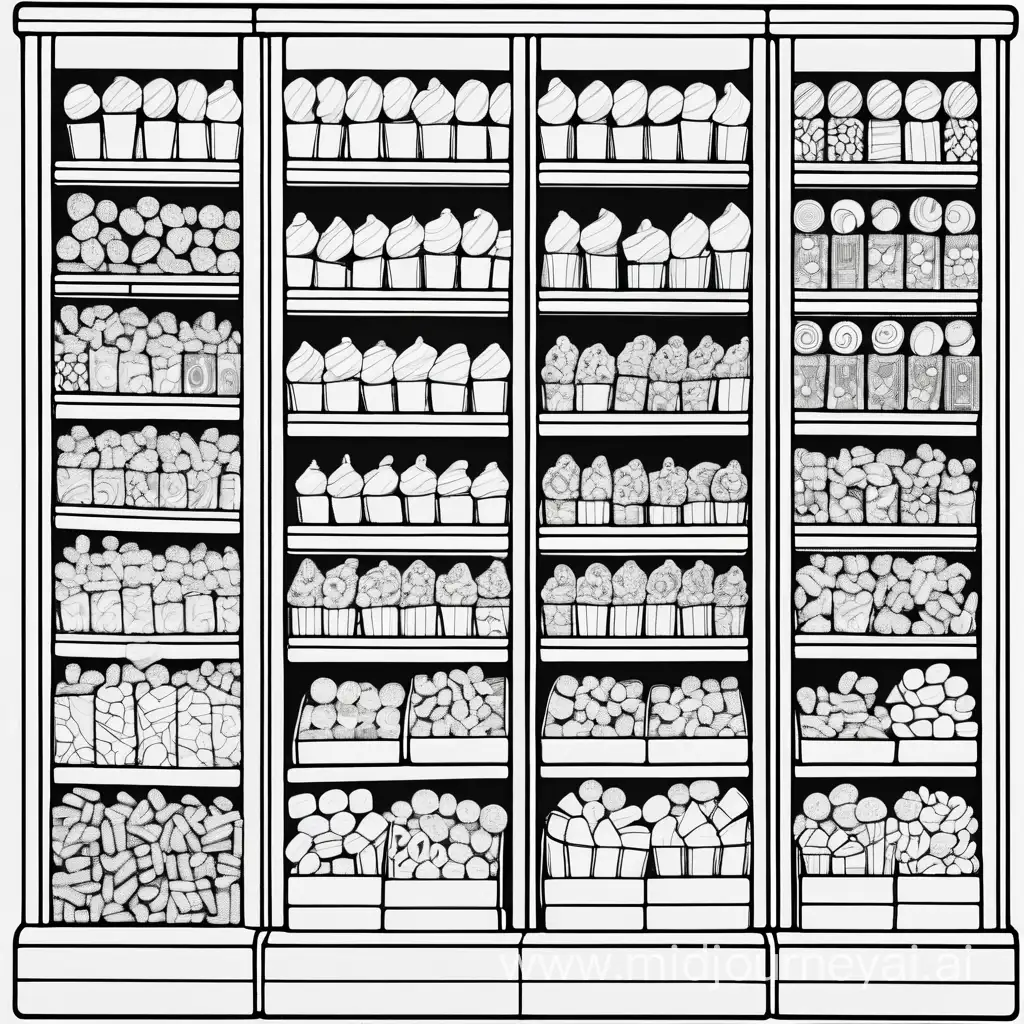 Assorted Candy Packages on Store Shelf Coloring Page