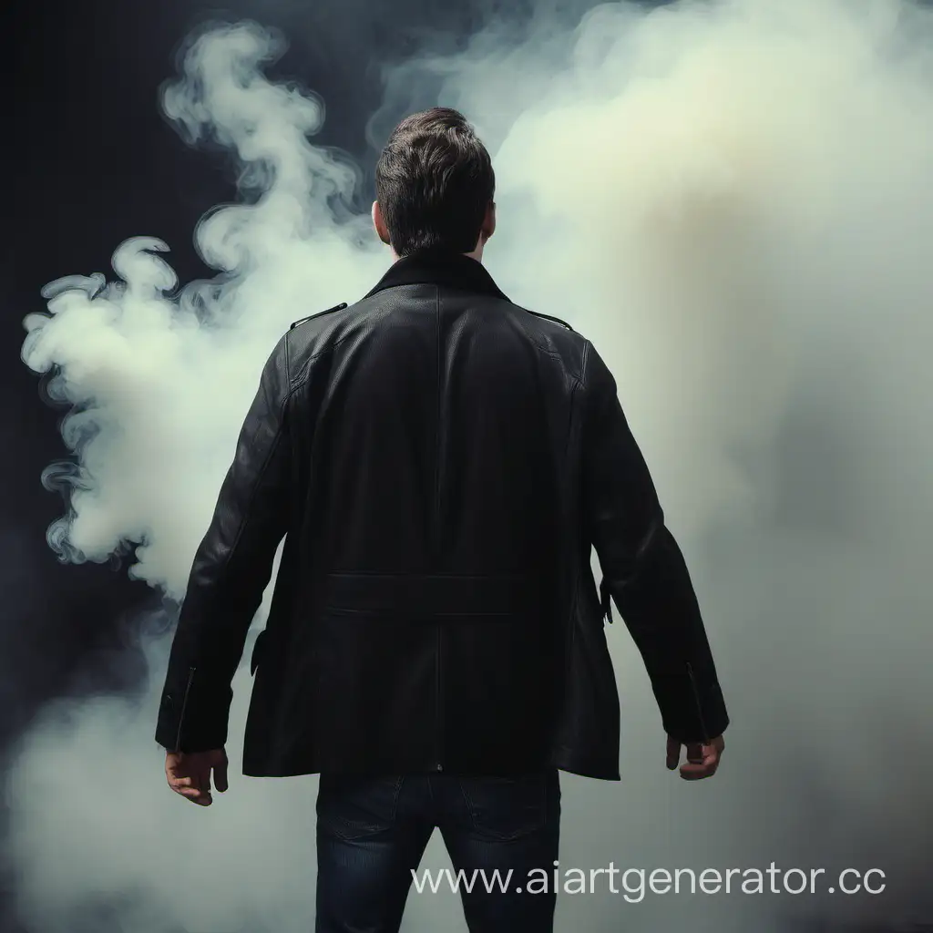 Мужчина повернут спиной, одет в черную куртку, на фоне дым,